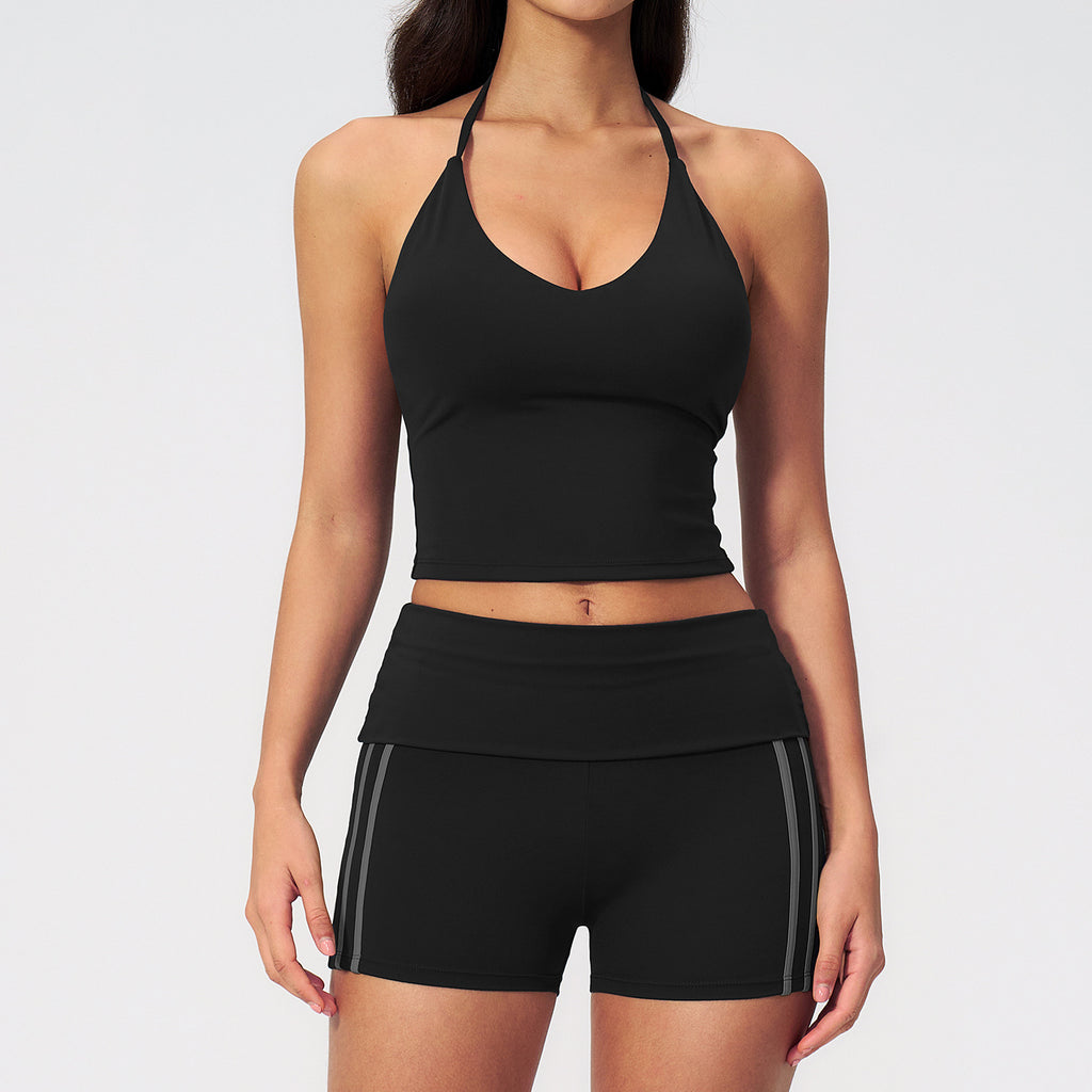 2 PCS Gym Set Women V Neck T-Back Halter Crop Yoga Vest and Fold Over Waist Running Shorts