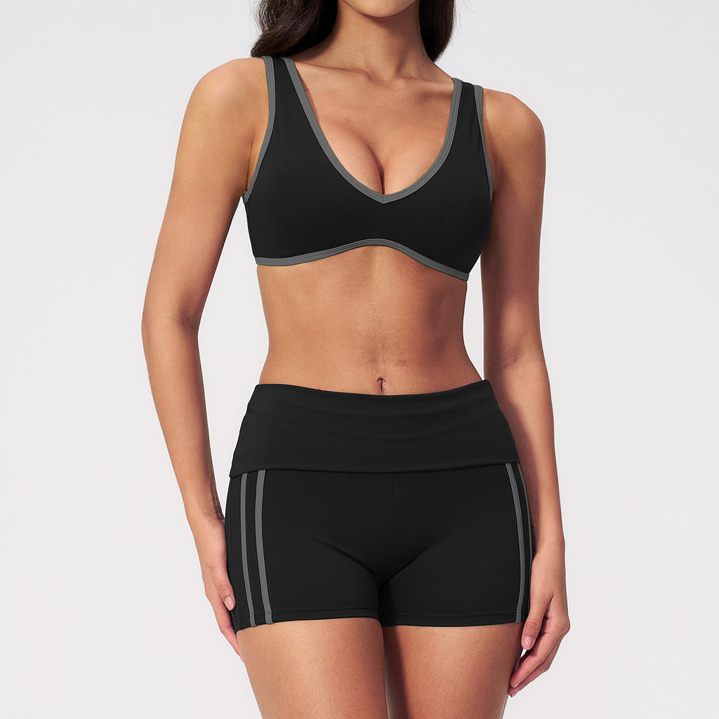 2 PCS Yoga Set Women Contrast Color V Neck Backless Sports Bra and Fold Over Waist Biker Shorts