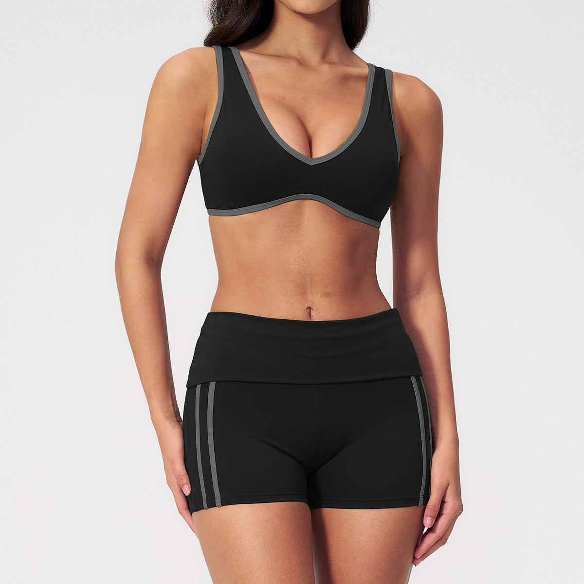 2 PCS Yoga Set Women Contrast Color V Neck Backless Sports Bra and Fold Over Waist Biker Shorts