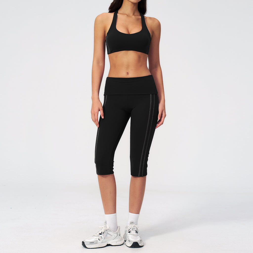 2 PCS Workout Set Women Racerback High Support Sports Bra and Fold Over Waist Capri Yoga Leggings