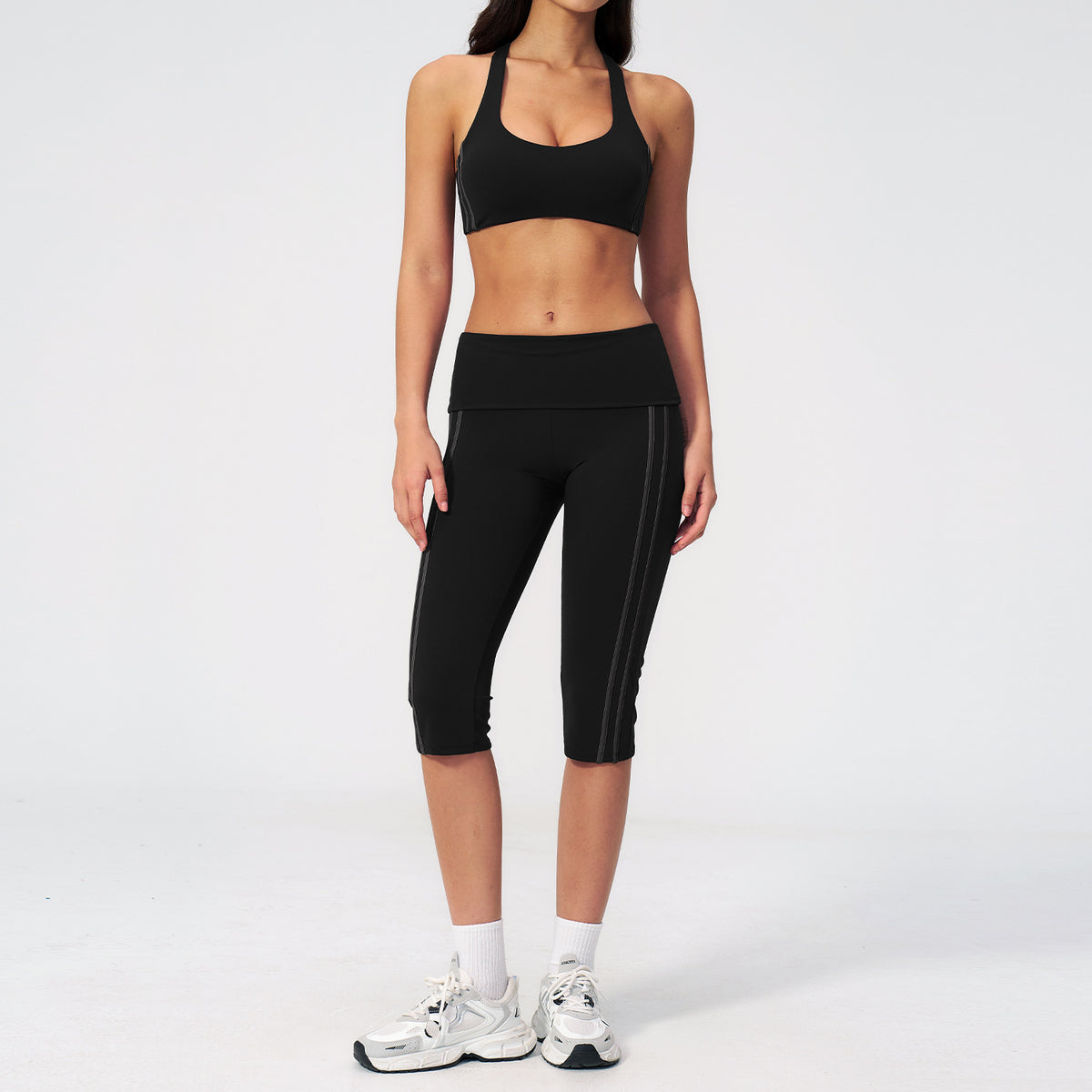 2 PCS Workout Set Women Racerback High Support Sports Bra and Fold Over Waist Capri Yoga Leggings
