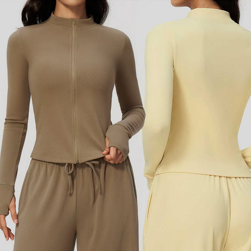 Women's Stand Collar Full Zip Yoga Jacket Thick Fleece Long Sleeve Fitness Sports Top Outdoor Running Training Jacket