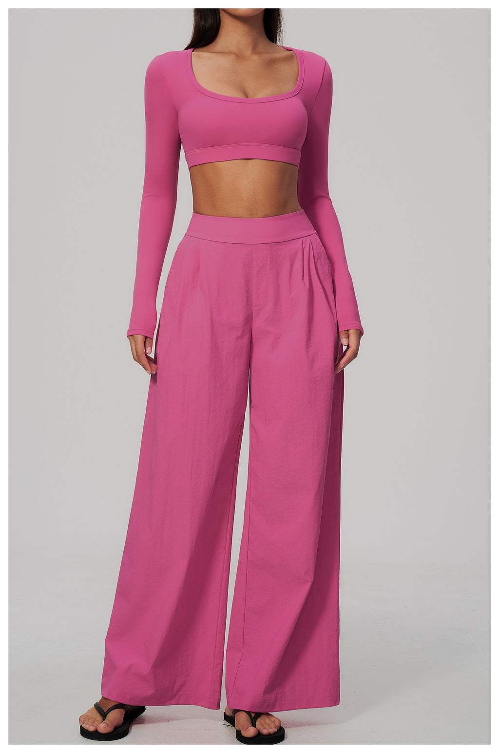 2 Piece Set Women U Neck Long Sleeve Short Workout Top with Removable Padded and High Waist Loose Casual Sports Wide Leg Pants