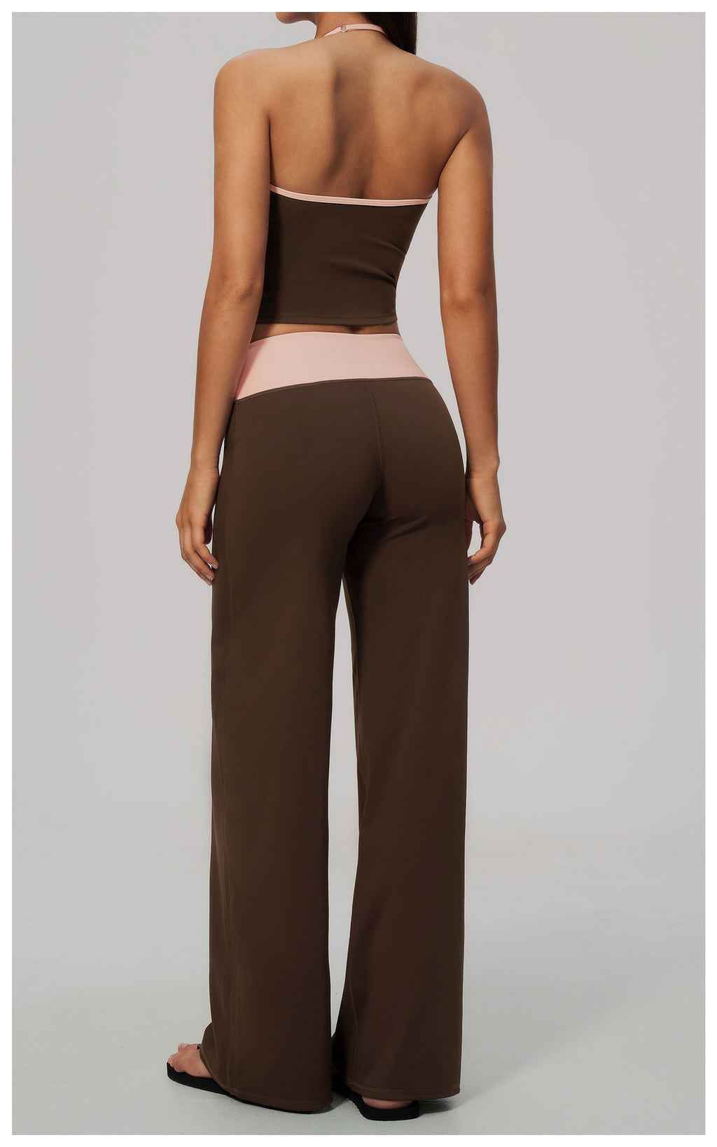 Women Two Piece Color Block Halter Yoga Set V Neck Crop Workout Top Wide Leg Yoga Pants