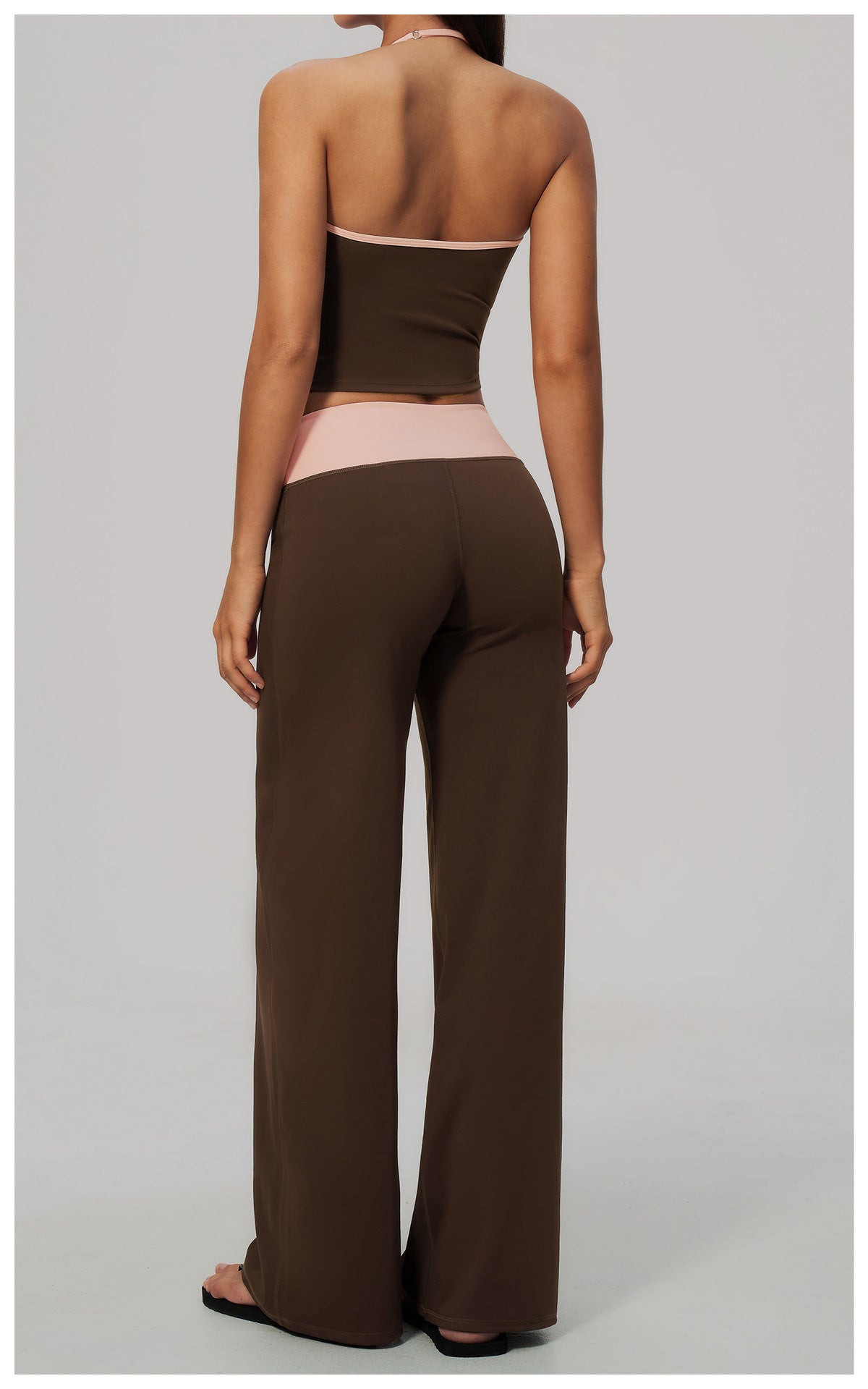 Women Two Piece Color Block Halter Yoga Set V Neck Crop Workout Top Wide Leg Yoga Pants
