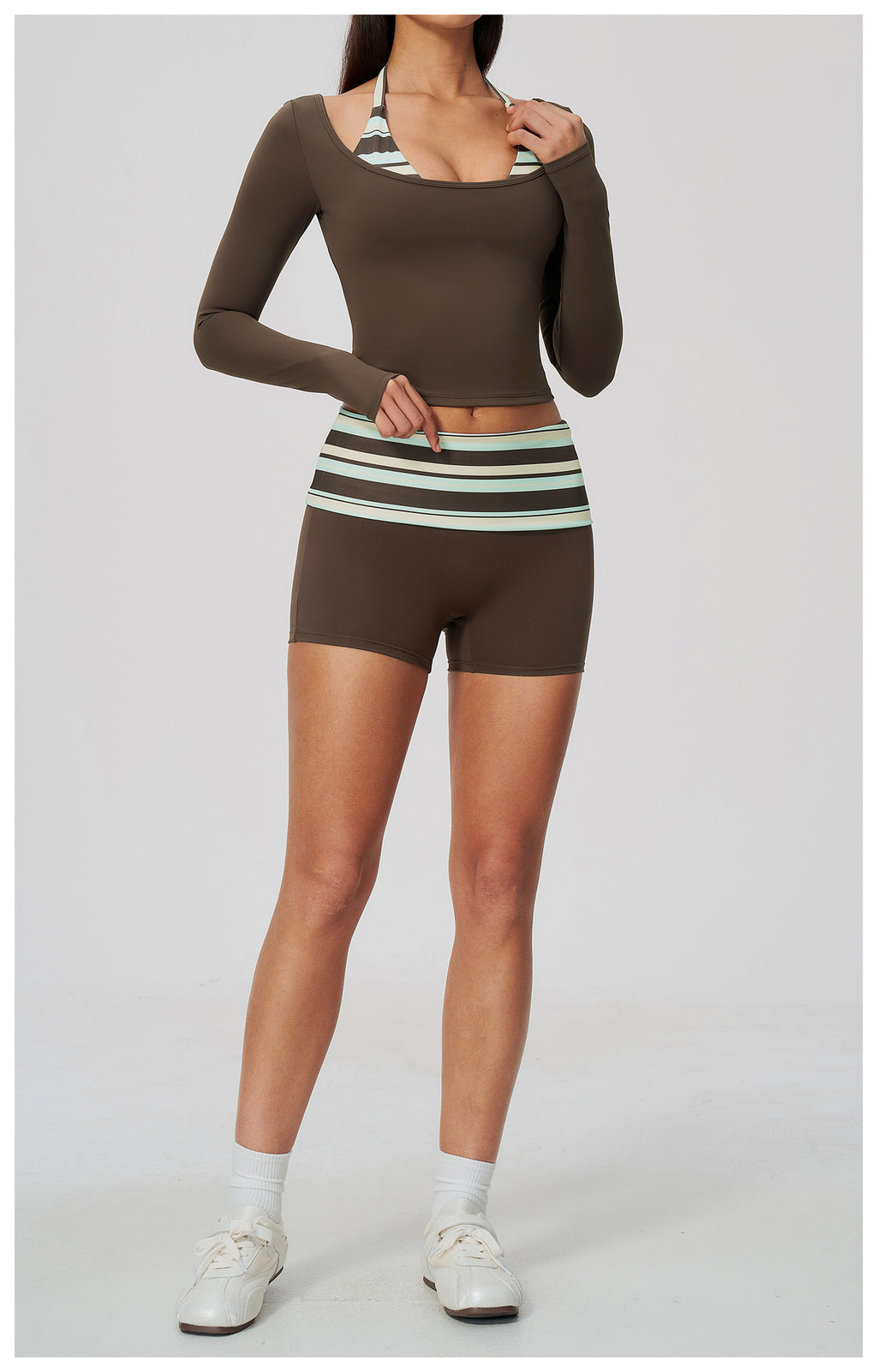 Women 2 Piece Yoga Set Halter Fake Two Piece Long Sleeve Yoga Top and Fold Over Striped Waist Biker Shorts