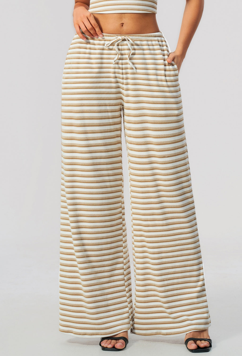 Women Ribbed Striped Wide Leg Pants Elastic Drawstring Waist Casual Loose Trousers With Pockets