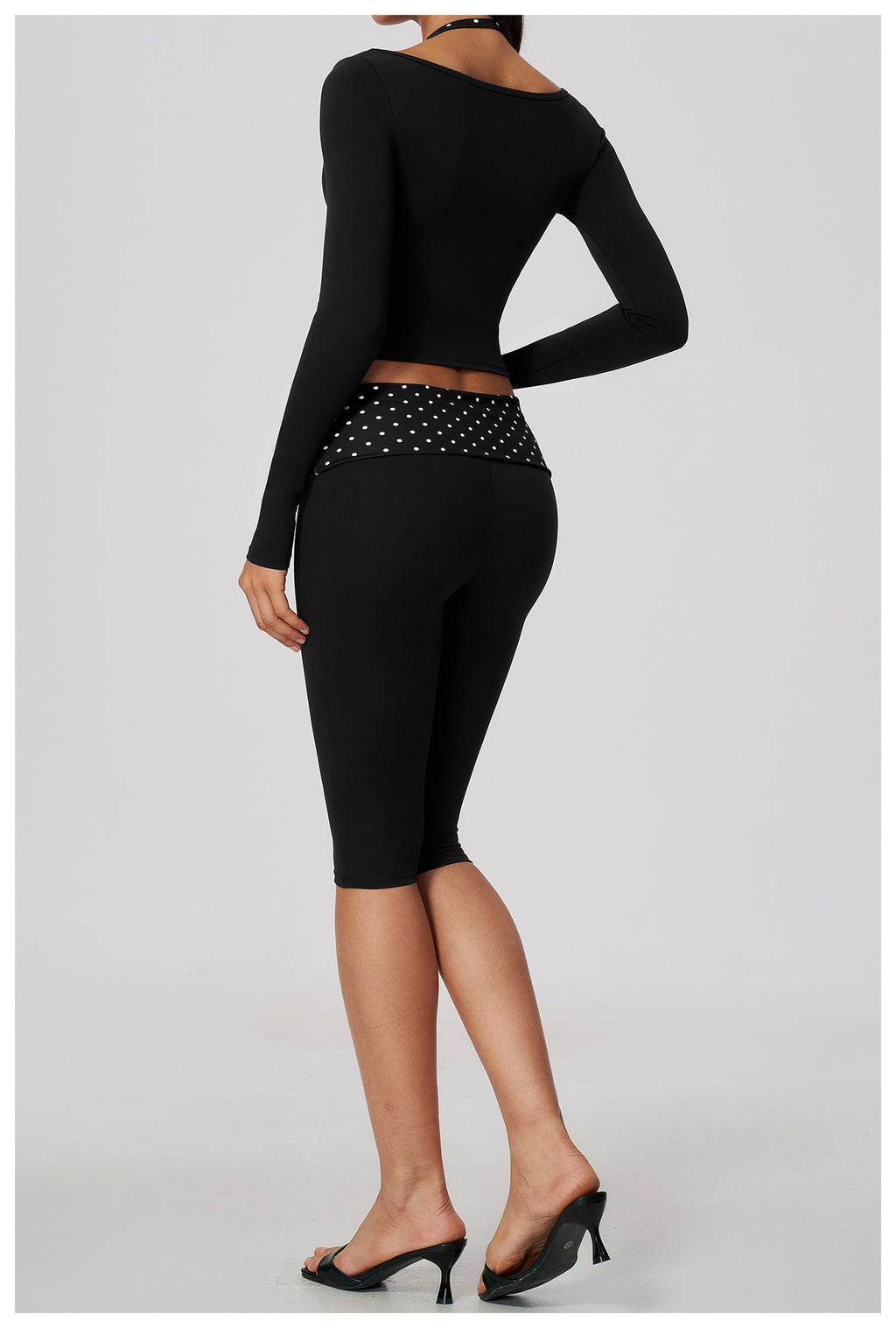 Women 2 Piece Yoga Set Halter Fake Two Piece Long Sleeve Yoga Top and Fold Over Striped Waist Capri Yoga Leggings