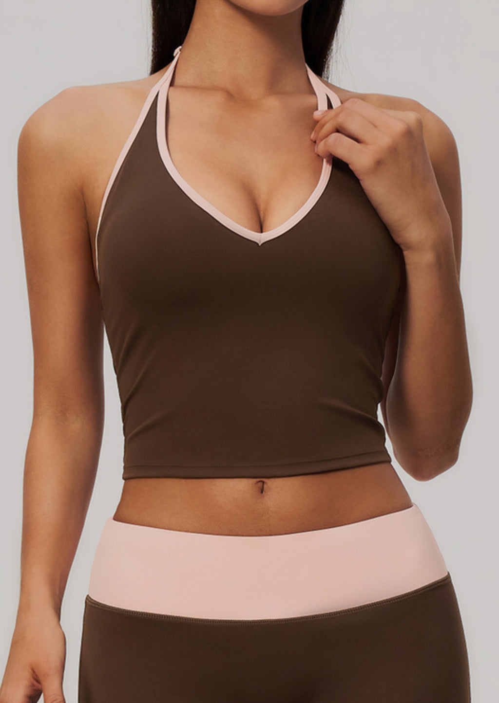 Women ColorBlock V Neck Halter Crop Yoga Tank Top Built in Bra