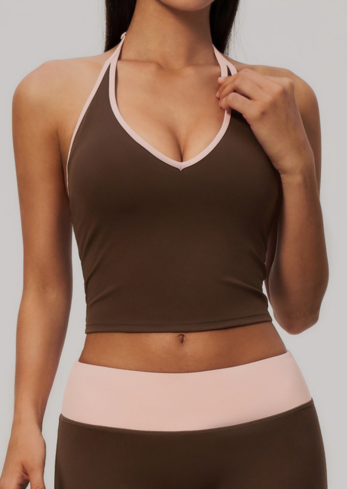 Women ColorBlock V Neck Halter Crop Yoga Tank Top Built in Bra