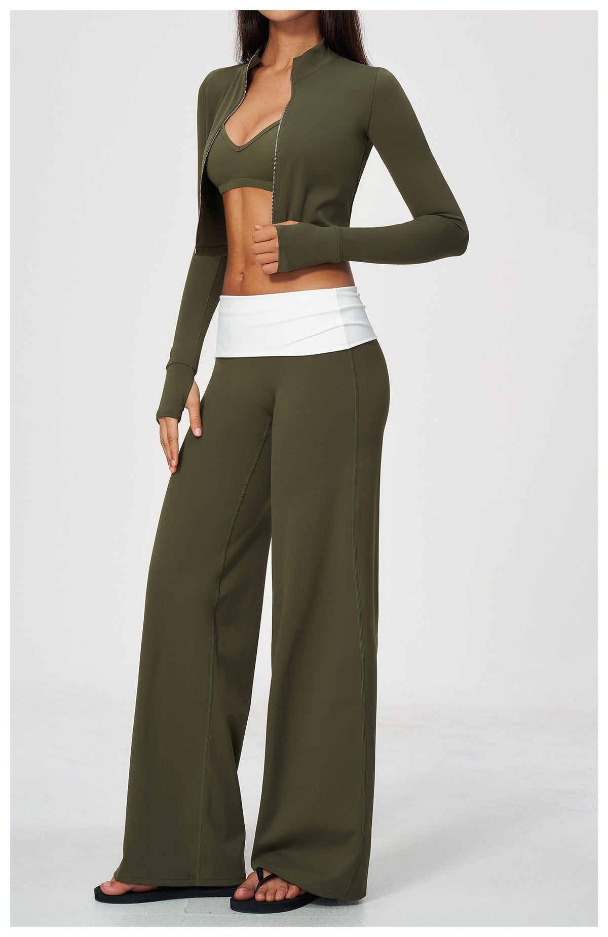 3 Piece Set Deep V-Neck Halter Thin Strap Backless Sports Bra and Stand Collar Full Zip Cropped Running Workout Jacket and High Waisted Wide Leg Yoga Athletic Pants