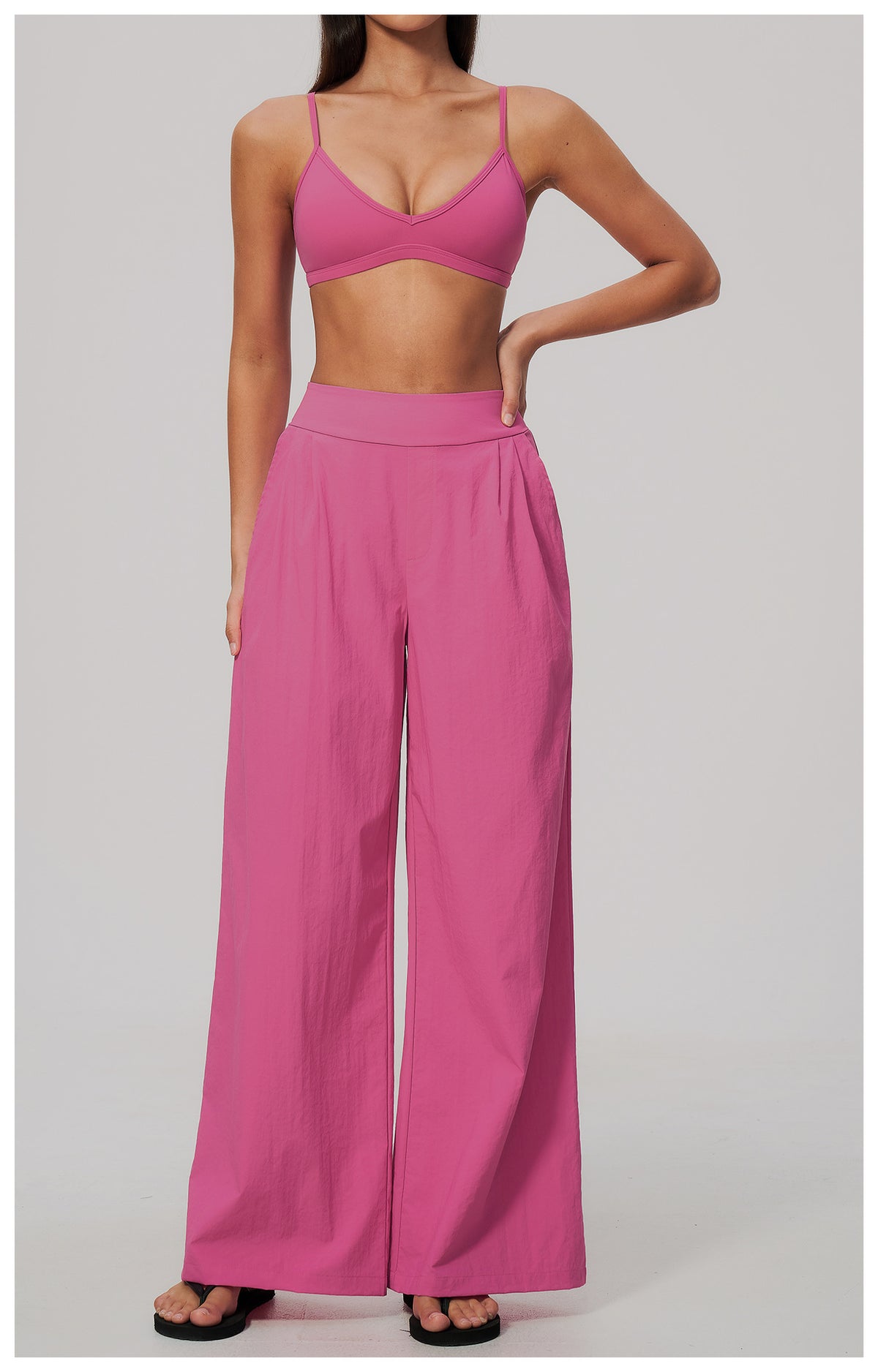 2 Piece Set Women V Neck Twist Back Adjustable Spaghetti Straps Sports Bra and High Waist Loose Casual Sports Wide Leg Pants