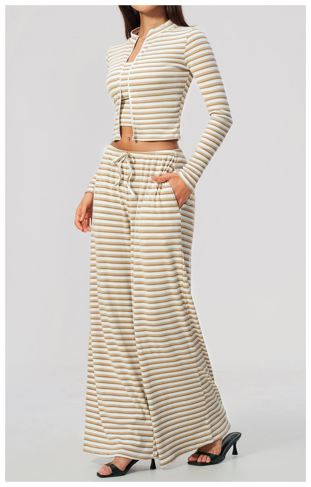 3 Piece Striped Yoga Set Long Sleeve Zip up Jacket Strapless Soft Tube Top Elastic Drawstring Waist Wide Leg Pants Workout Outfit Gym Running Sports Activewear Set