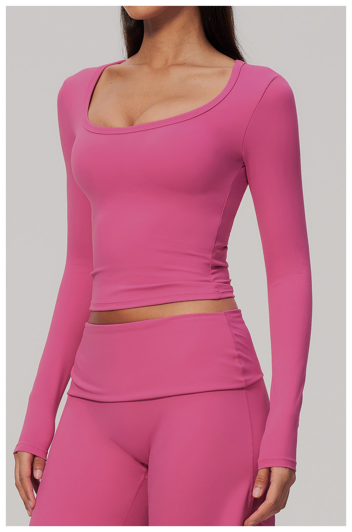 Women U Neck Long Sleeve Crop Yoga Top with Removable Padded