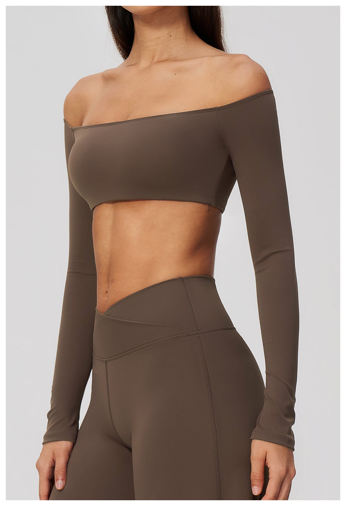 Women Off Shoulder Cropped Long Sleeve Sports Top with Chest Pads