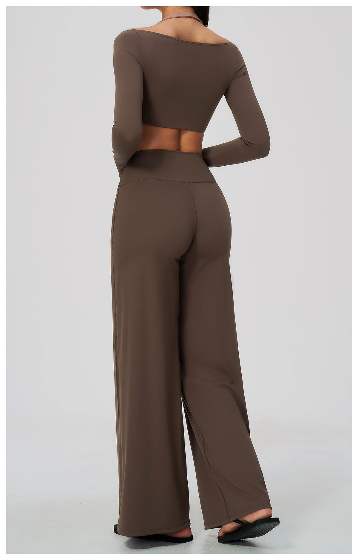 2 Piece Colorblock Halter Long Sleeve Cropped Yoga Top and Cross Waist Wide Leg Yoga Pants Set