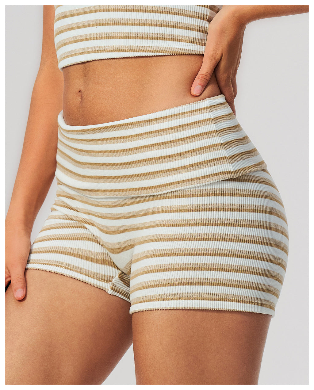 Women Ribbed Striped Fold Over High Waist Yoga Biker Shorts