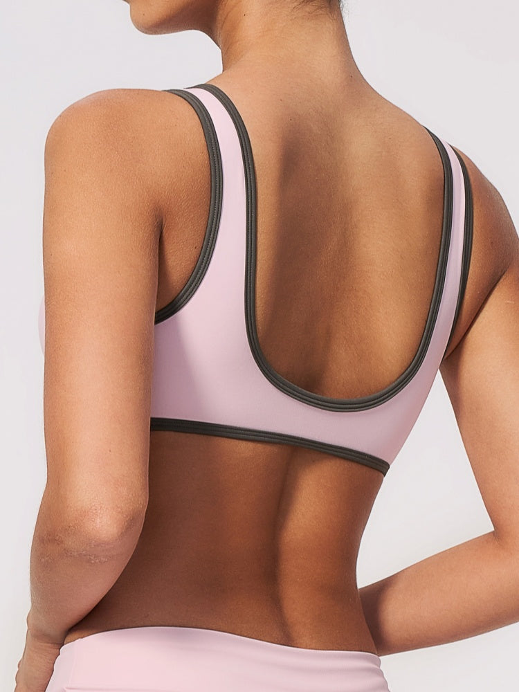 Women Contrast Color V Neck U Back Sports Bra