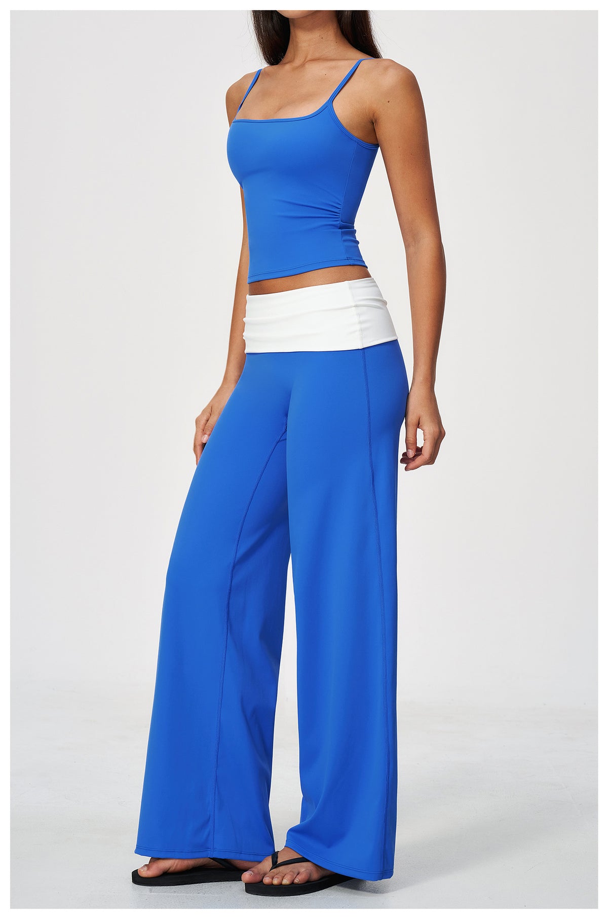2 Piece Set Square Neck Adjustable Strap Ruched Slim Fit Workout Yoga Vest and ColorBlock High Waisted Wide Leg Yoga Athletic Pants