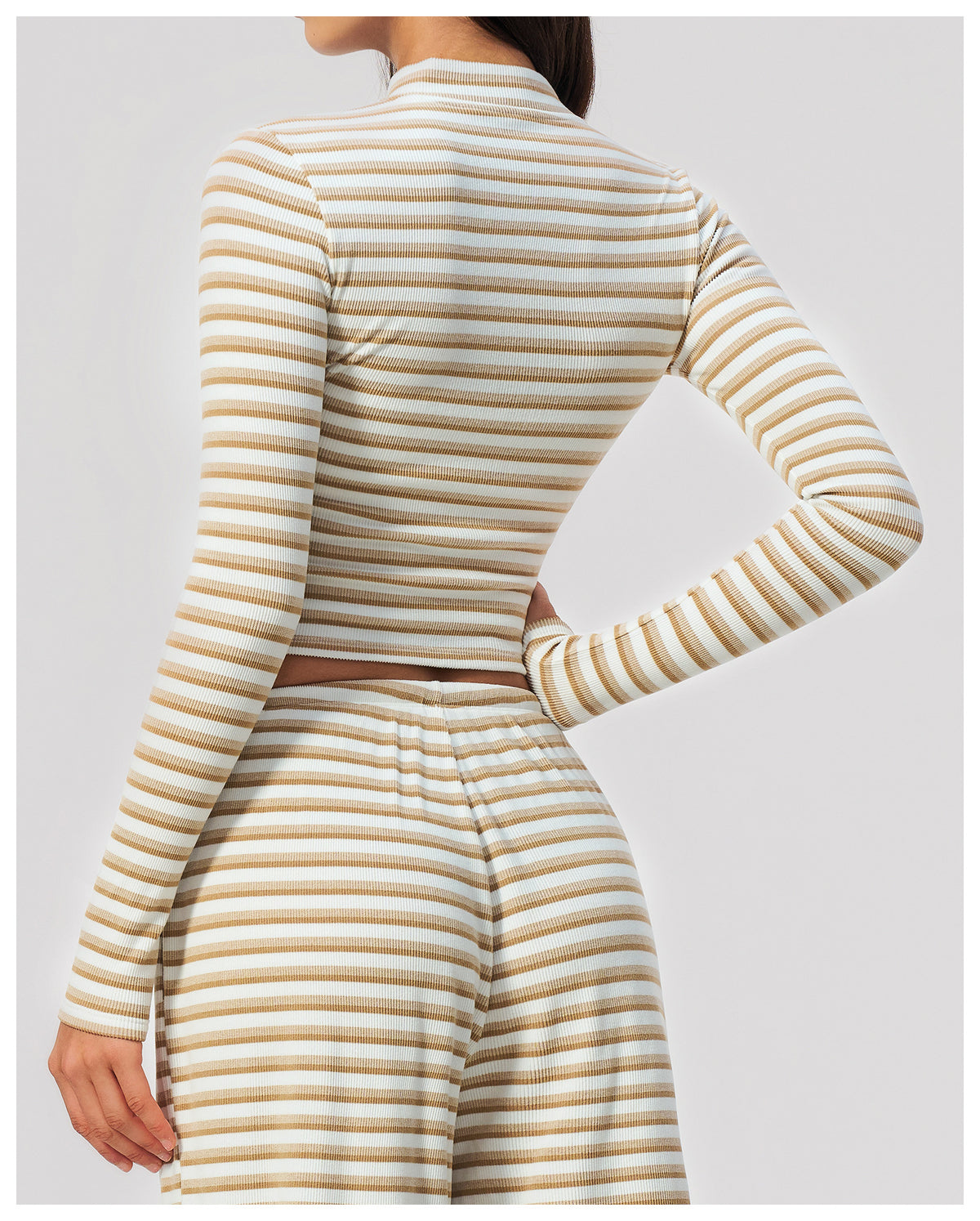 Women Ribbed Striped Stand Collar Long Sleeve Cropped Yoga Sports Zip up Jacket