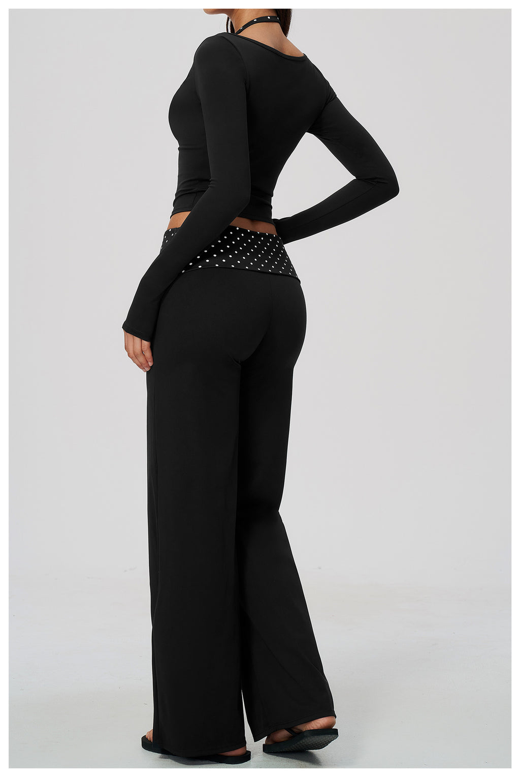 Women 2 Piece Yoga Set Halter Fake Two Piece Long Sleeve Yoga Top and Fold Over Striped Waist Wide Leg Workout Pants