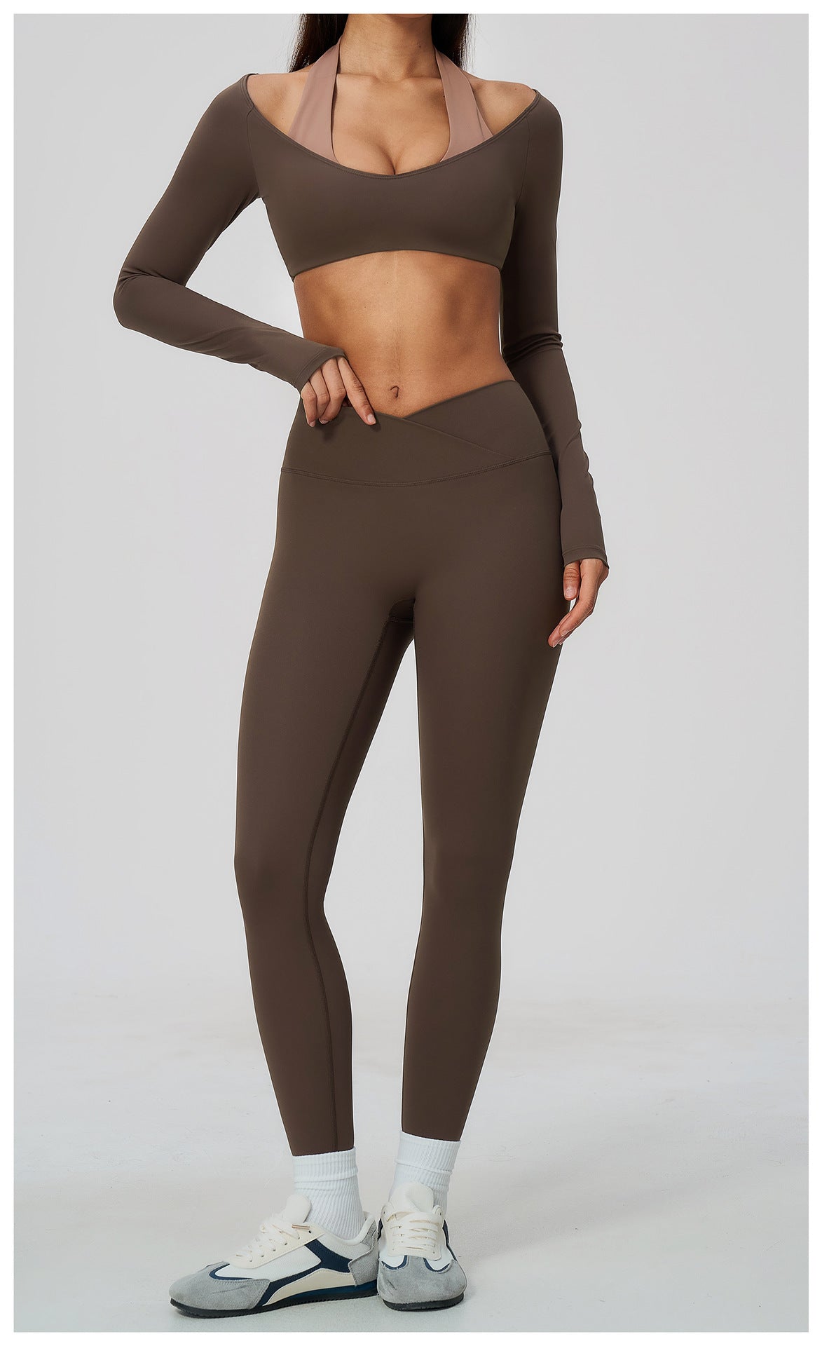 2 Piece Colorblock Halter Long Sleeve Cropped Yoga Top and Cross Waist Yoga Leggings Set
