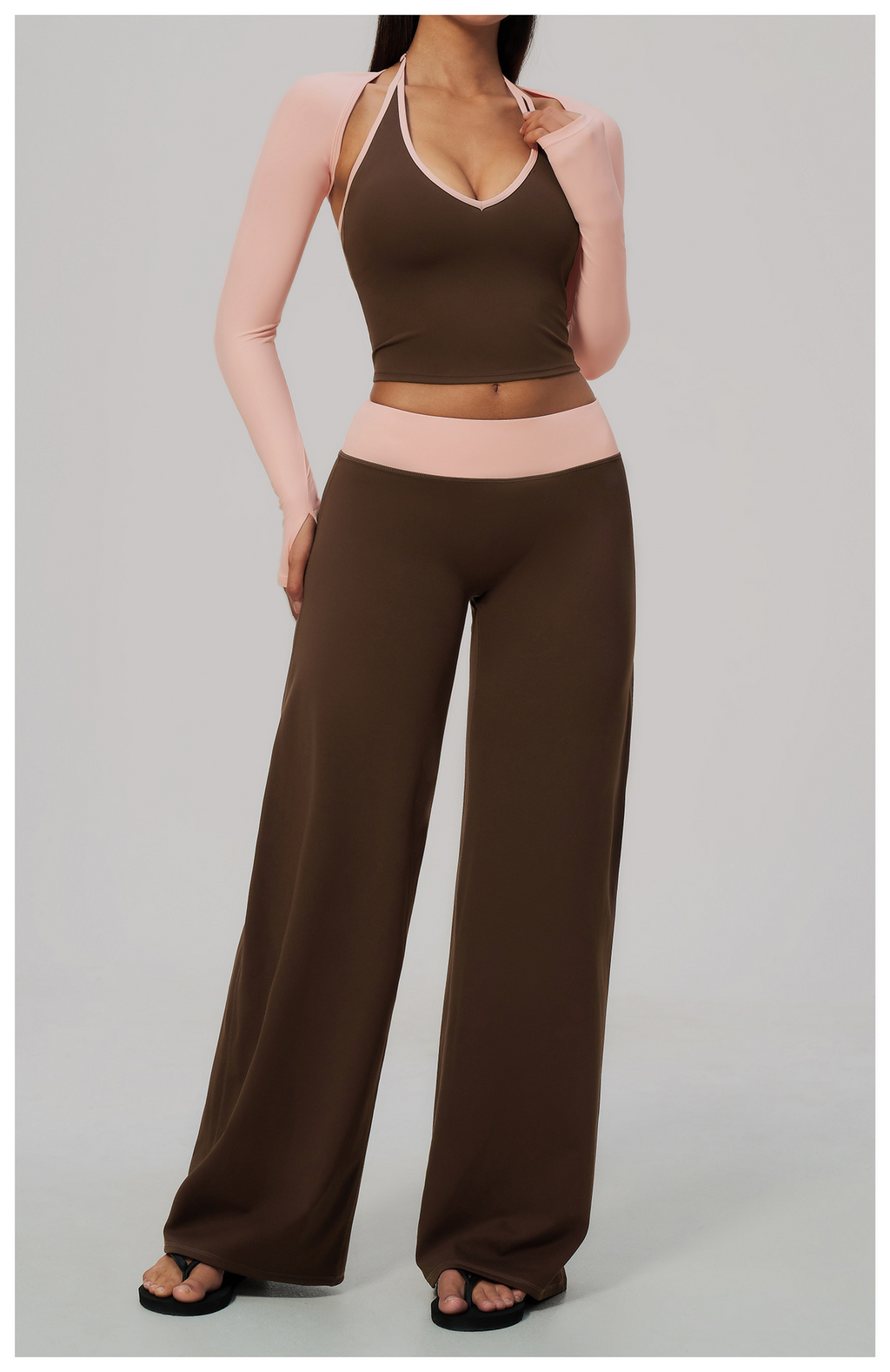 Women 3 Piece Contrast Color Halter Neck Yoga Set Long Sleeve Shrug V Neck Yoga Vest Wide Leg Pants