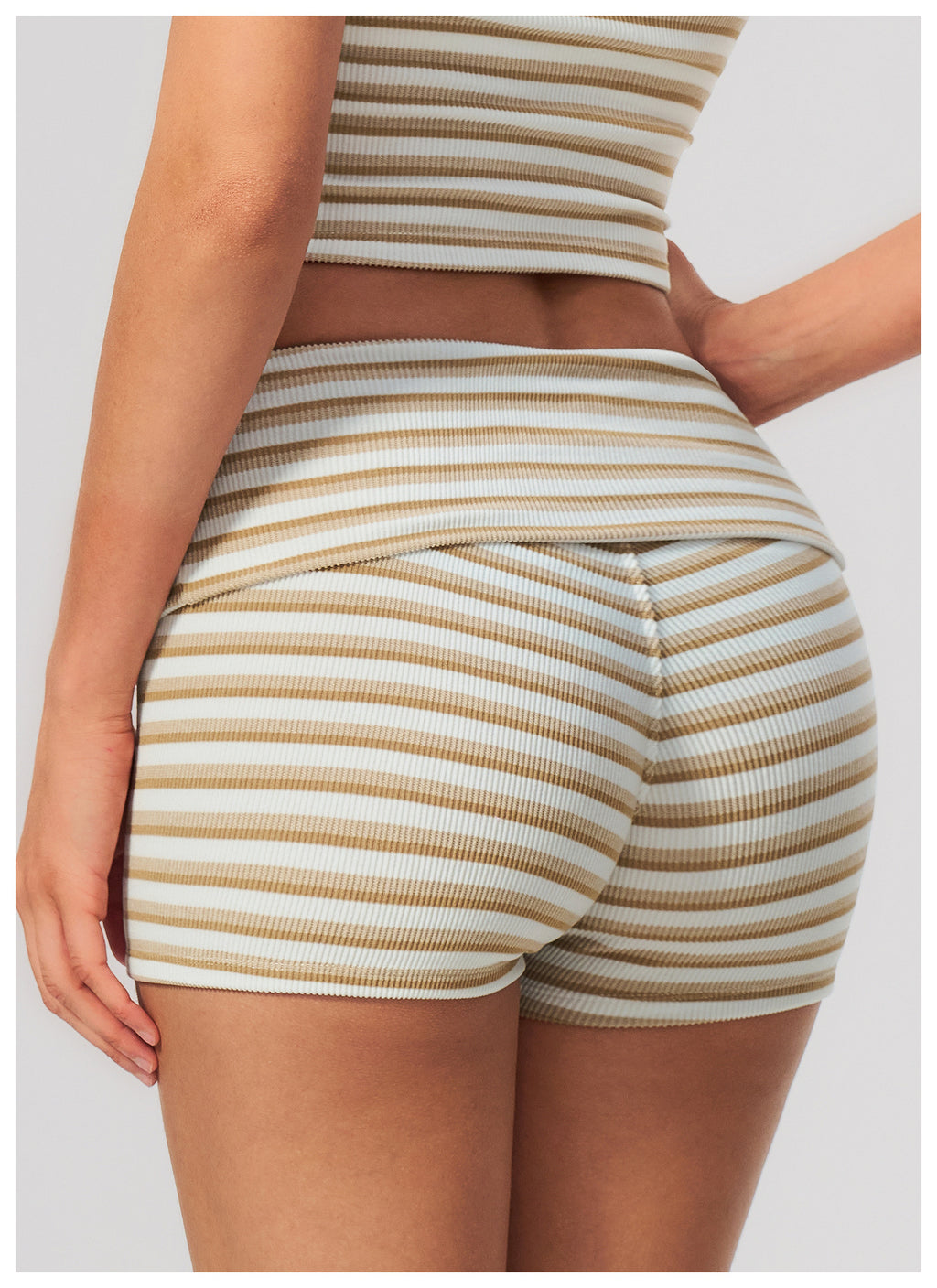 Women Ribbed Striped Fold Over High Waist Yoga Biker Shorts