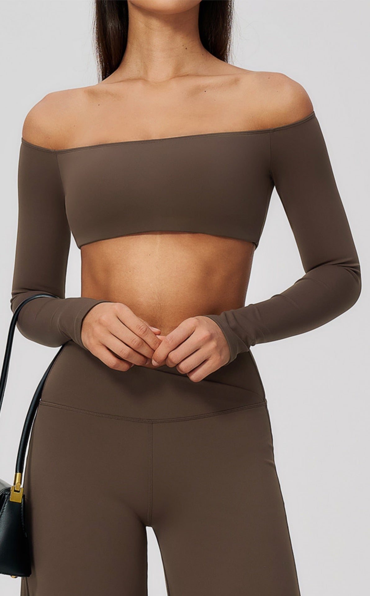 Women Off Shoulder Cropped Long Sleeve Sports Top with Chest Pads