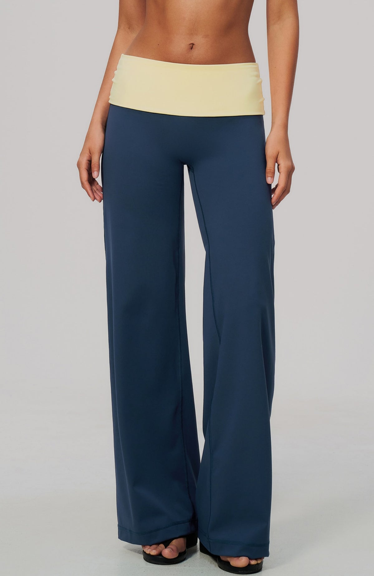 Women Colorblock Foldover Waist High-Rise Loose Wide Leg Yoga Pants