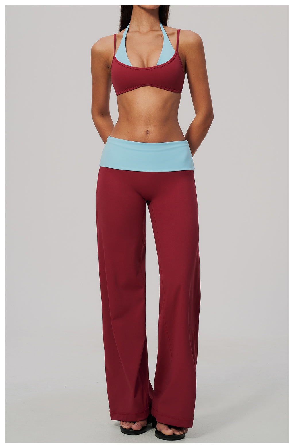 2 Piece Colorblock Double Strap Halter Sports Bra and Foldover Waist High-Rise Loose Wide Leg Yoga Pants Set