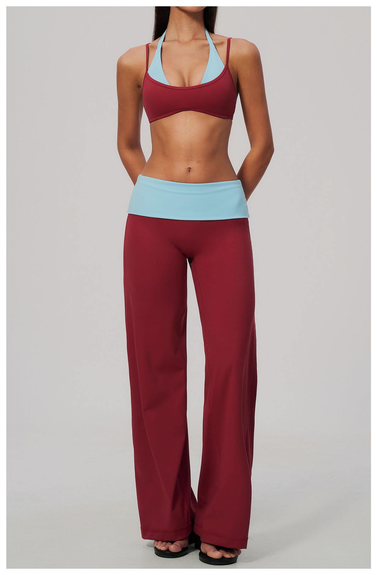 2 Piece Colorblock Double Strap Halter Sports Bra and Foldover Waist High-Rise Loose Wide Leg Yoga Pants Set