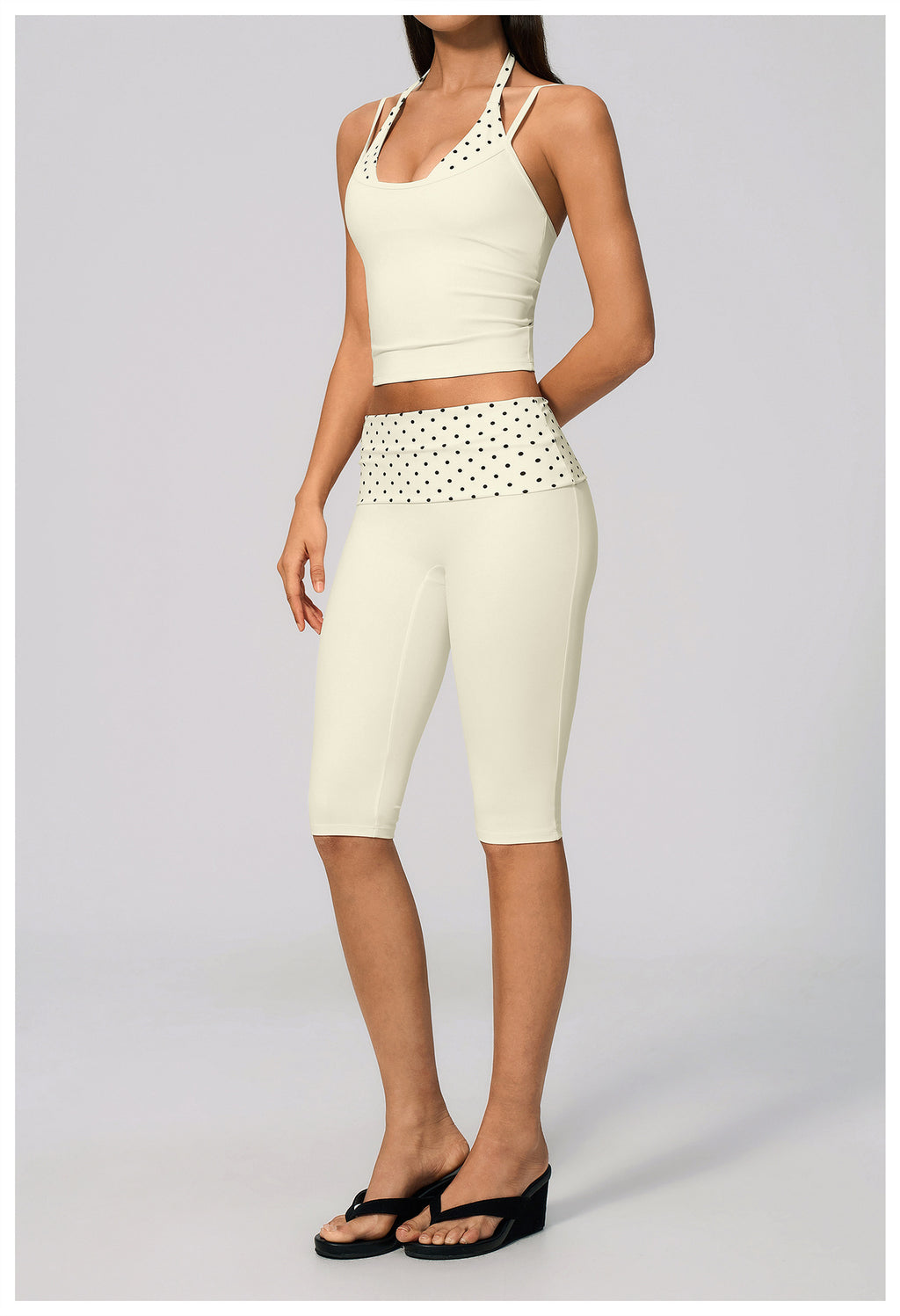 Women 2 Piece Yoga Set Halter Fake Two Piece Yoga Vest and Fold Over Striped Waist Capri Yoga Leggings