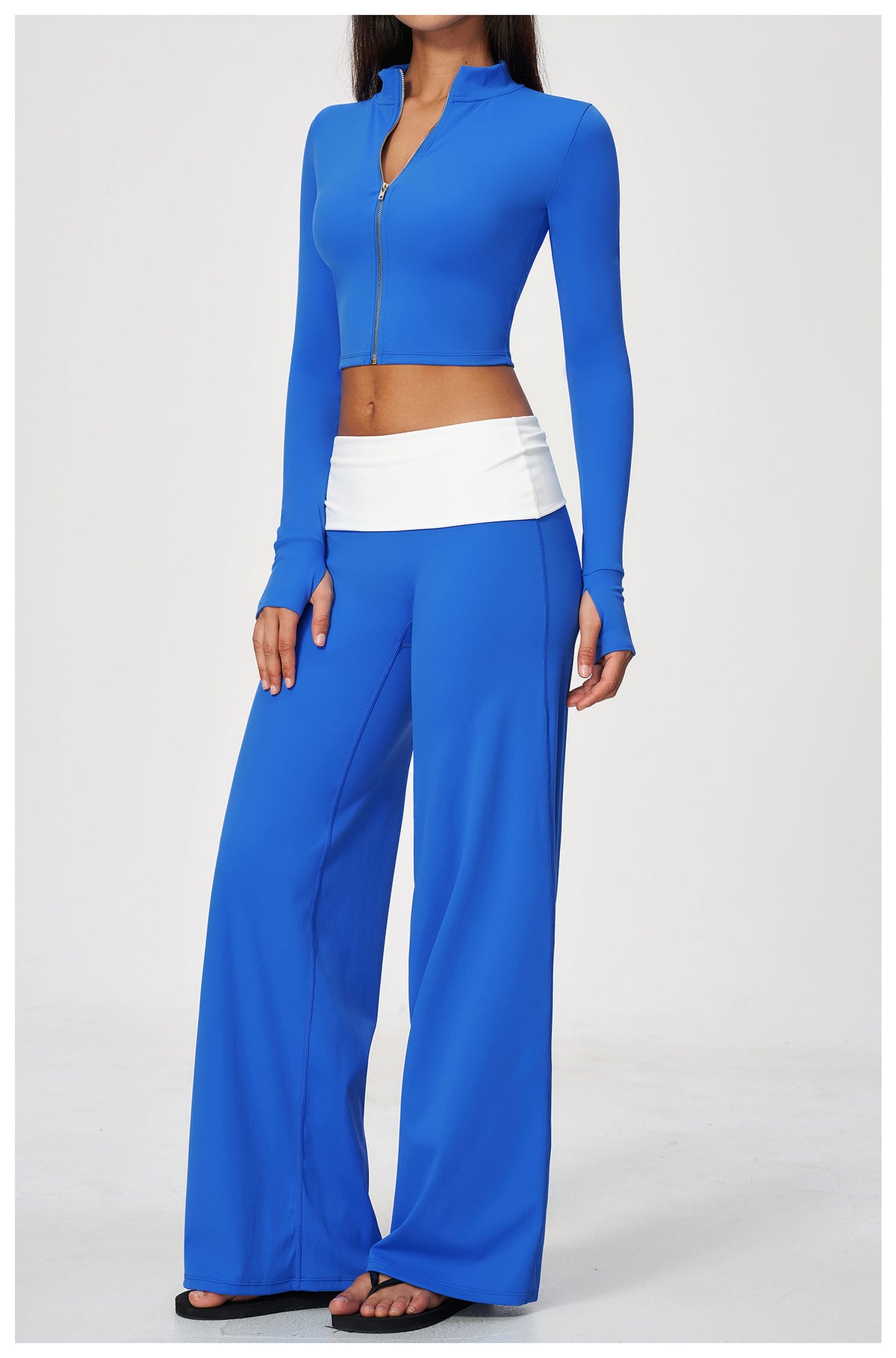 2 Piece Set Stand Collar Full Zip Cropped Running Yoga Workout Jacket and ColorBlock High Waisted Wide Leg Yoga Athletic Pants