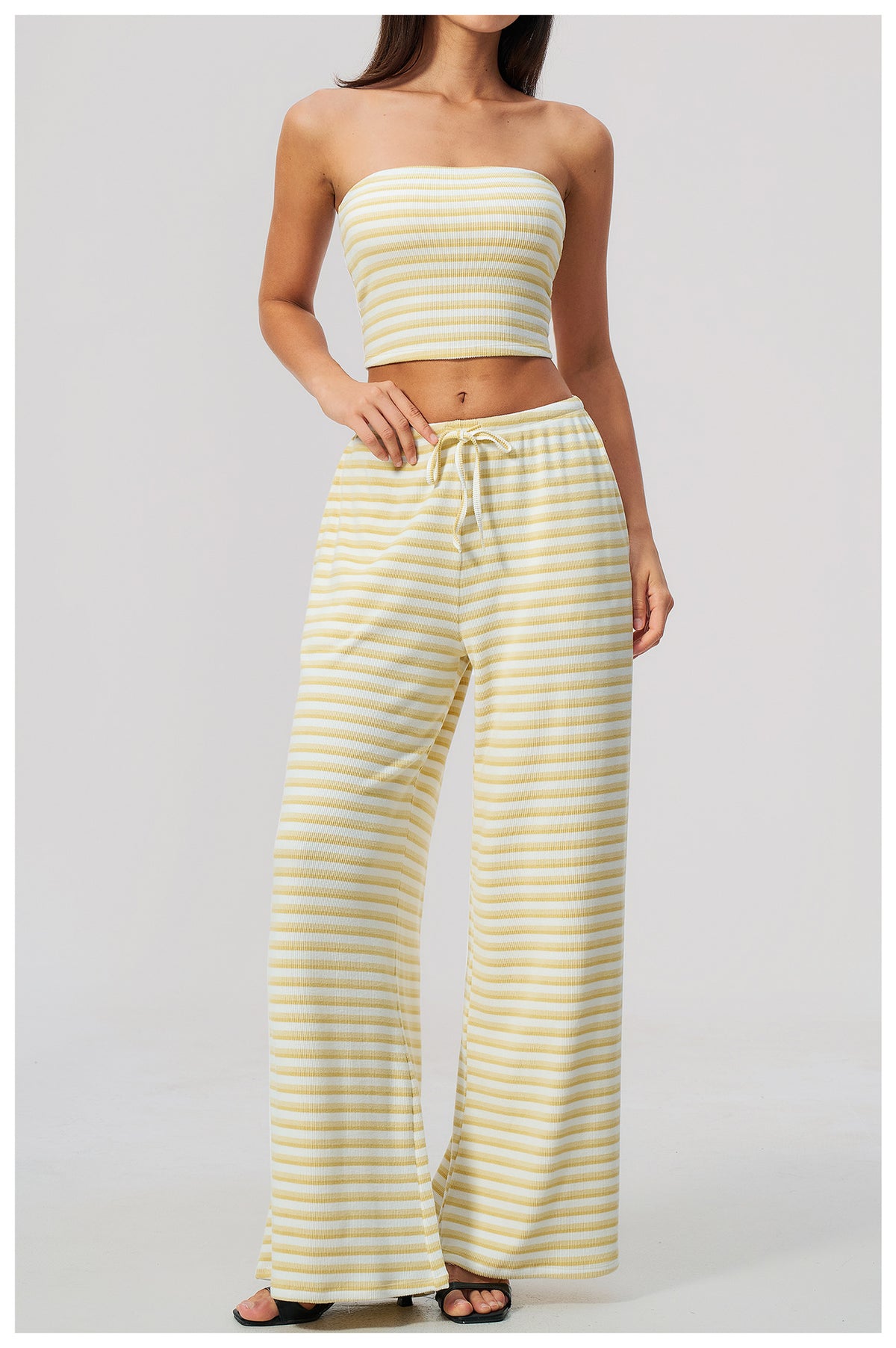 2 Piece Workout Loungewear Set Women Ribbed Striped Strapless Soft Tube Top and Elastic Drawstring Waist Wide Leg Pants with Pocket