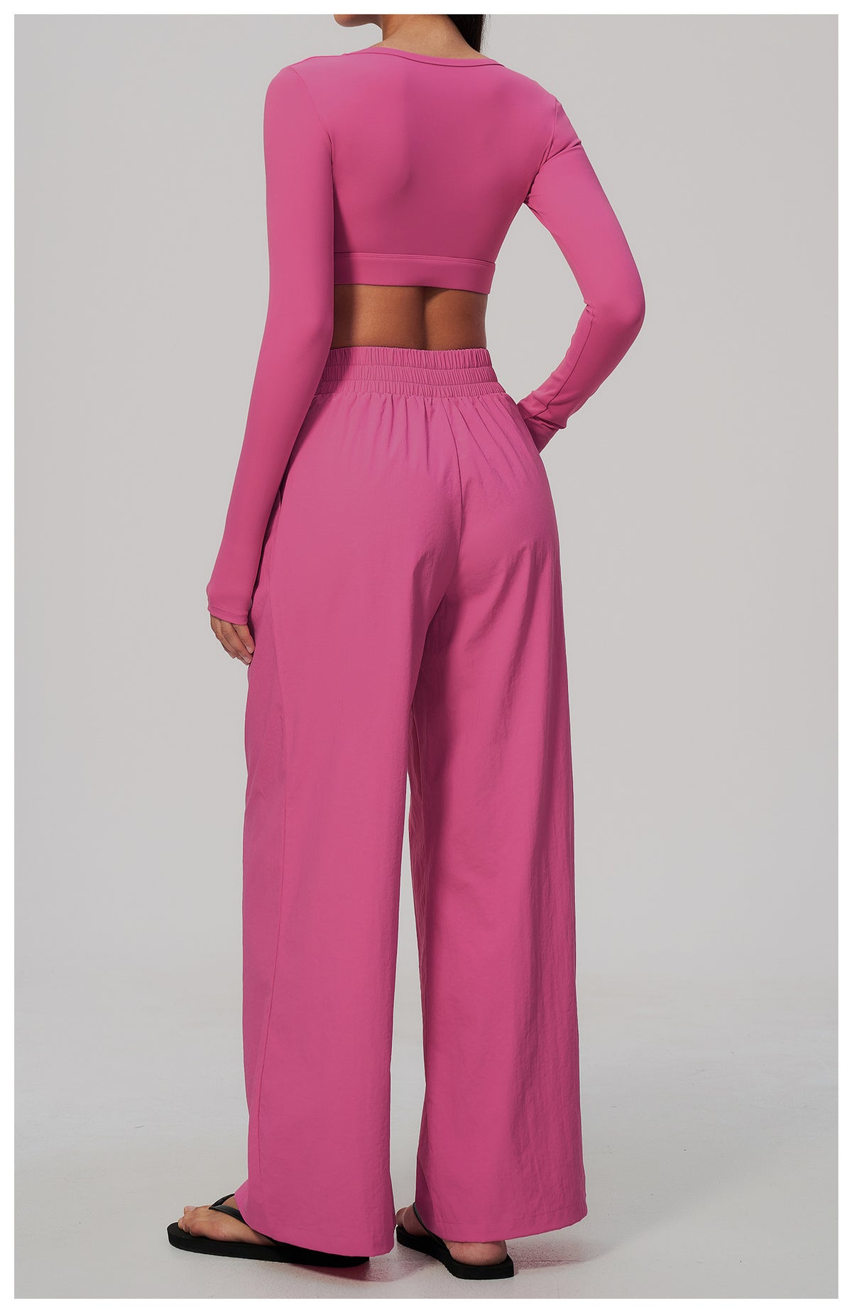 2 Piece Set Women U Neck Long Sleeve Short Workout Top with Removable Padded and High Waist Loose Casual Sports Wide Leg Pants
