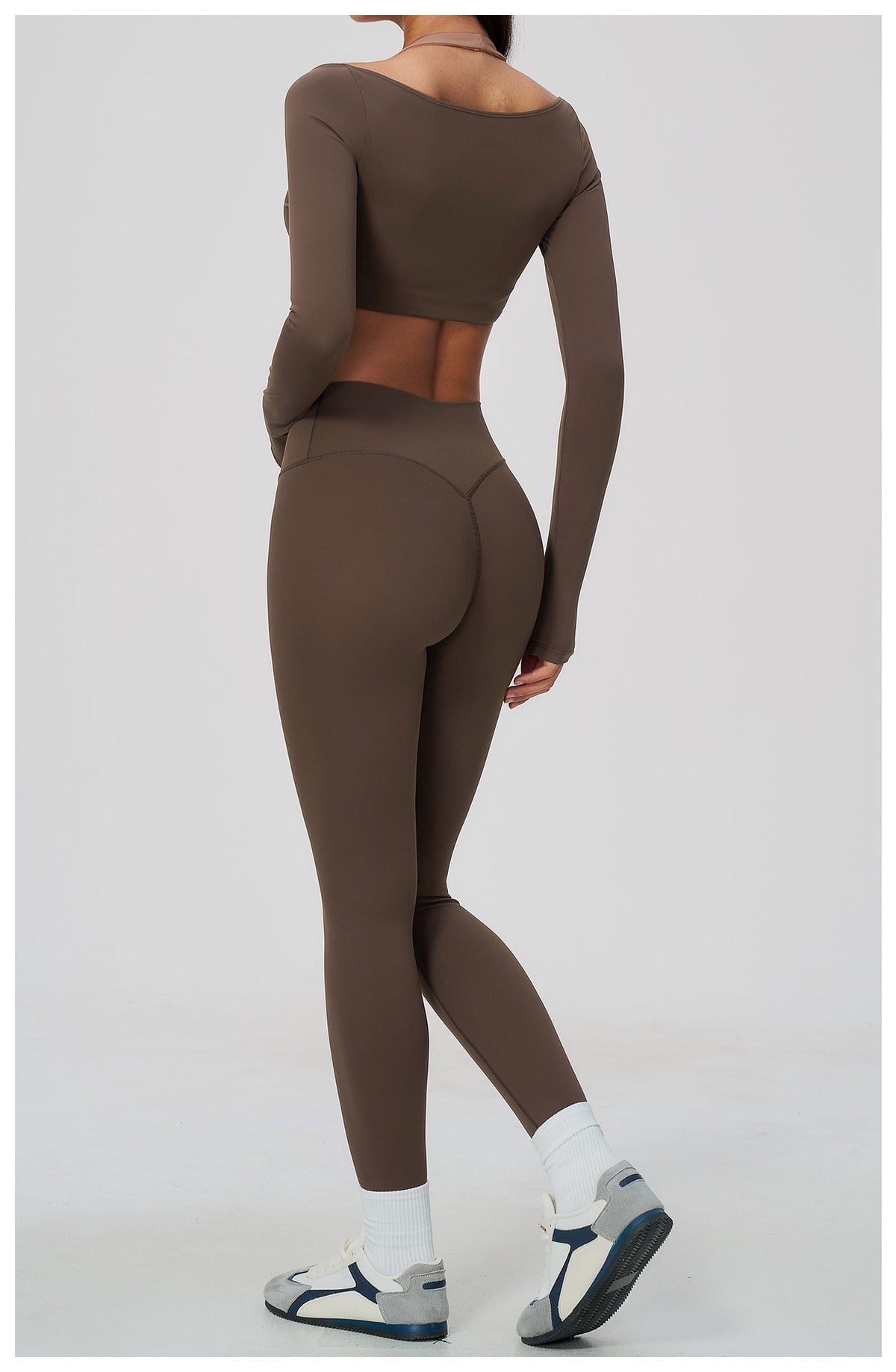 2 Piece Colorblock Halter Long Sleeve Cropped Yoga Top and Cross Waist Yoga Leggings Set