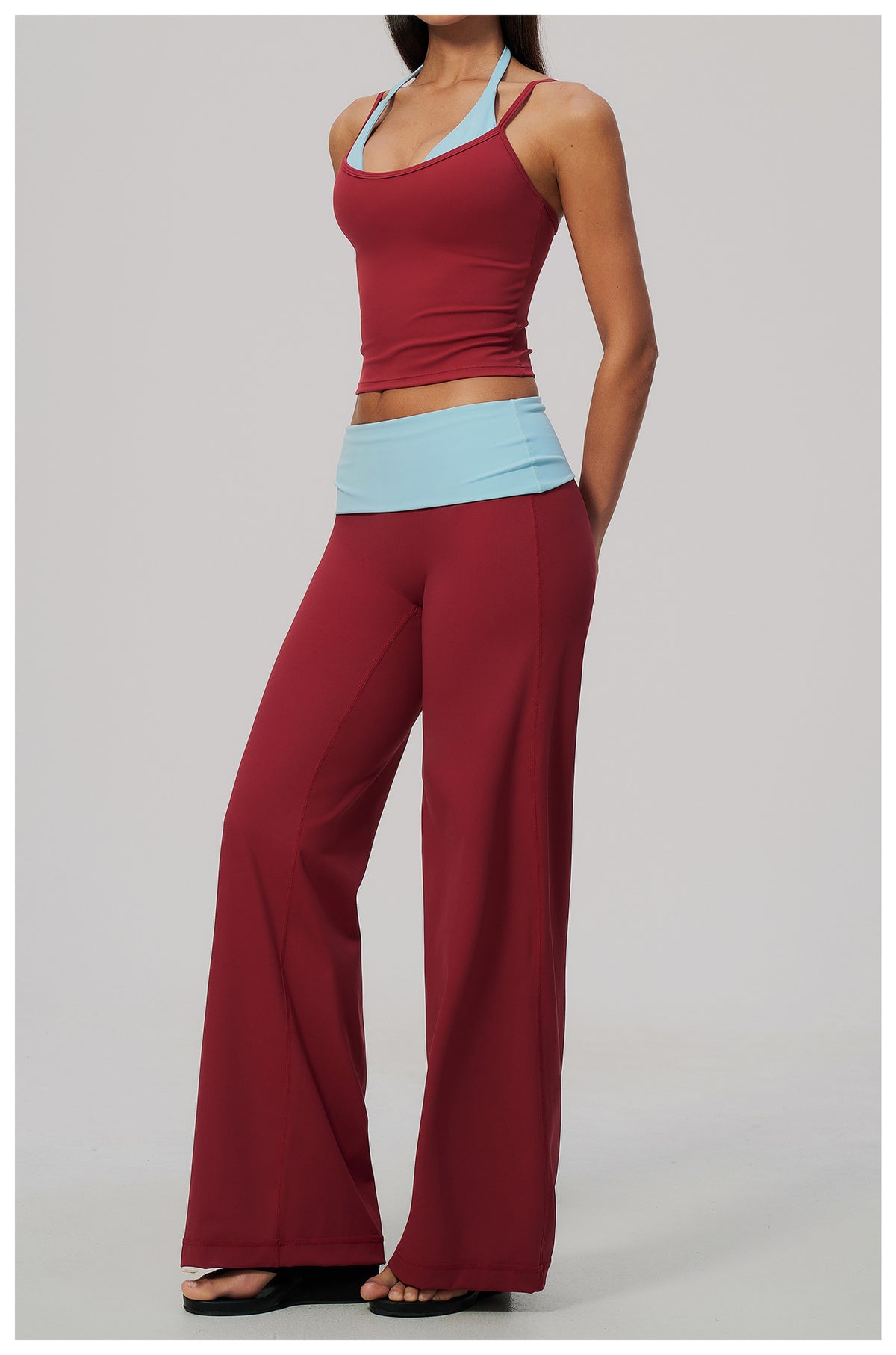 2 Piece Colorblock Double Strap Halter Yoga Vest and Foldover Waist High-Rise Loose Wide Leg Yoga Pants Set