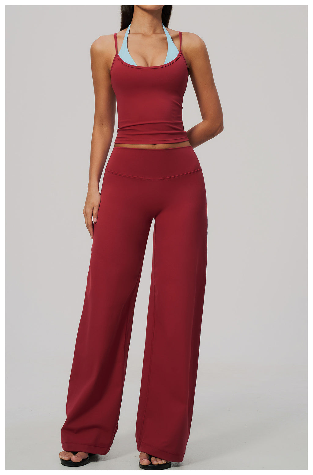 2 Piece Colorblock Double Strap Halter Yoga Vest and High Waisted Loose Fit Wide Leg Yoga Pants Set