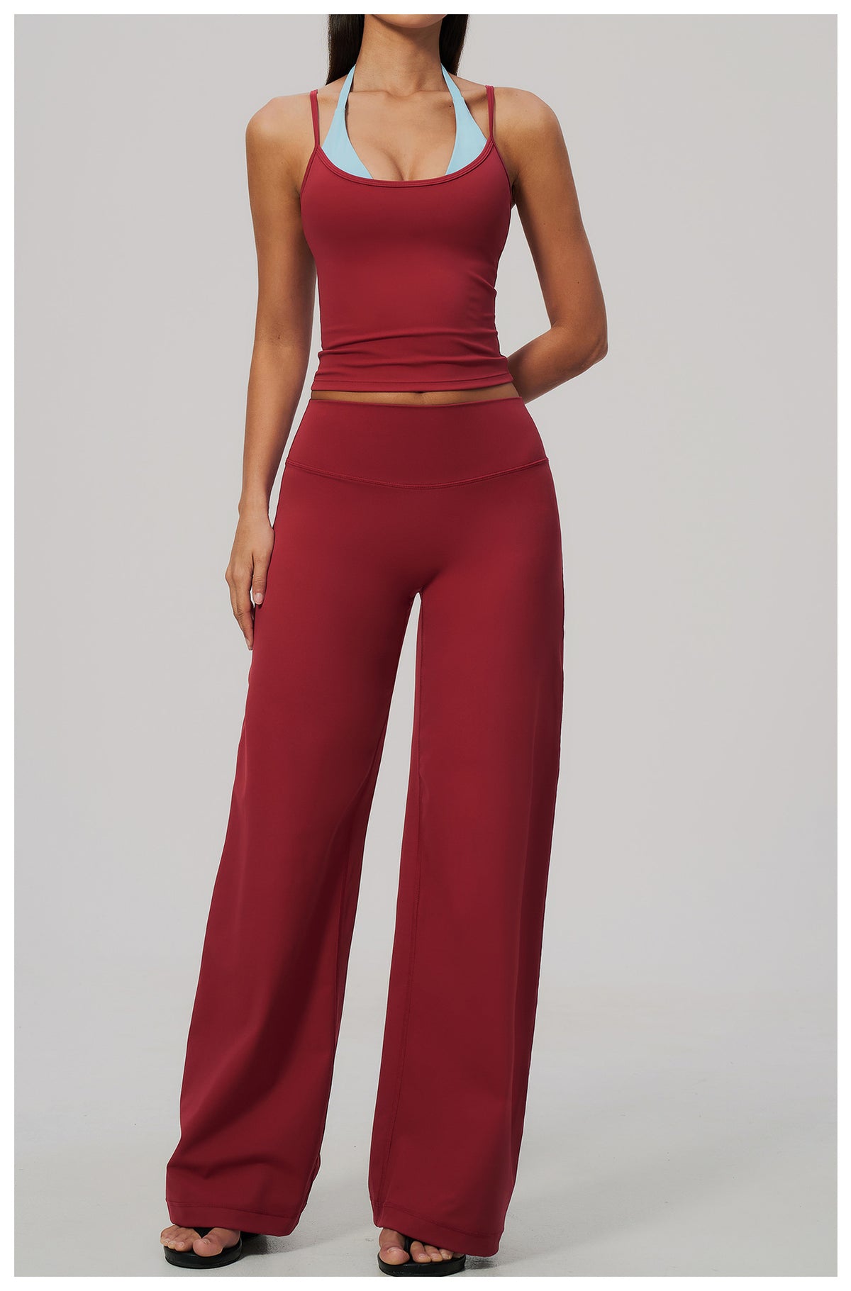 2 Piece Colorblock Double Strap Halter Yoga Vest and High Waisted Loose Fit Wide Leg Yoga Pants Set