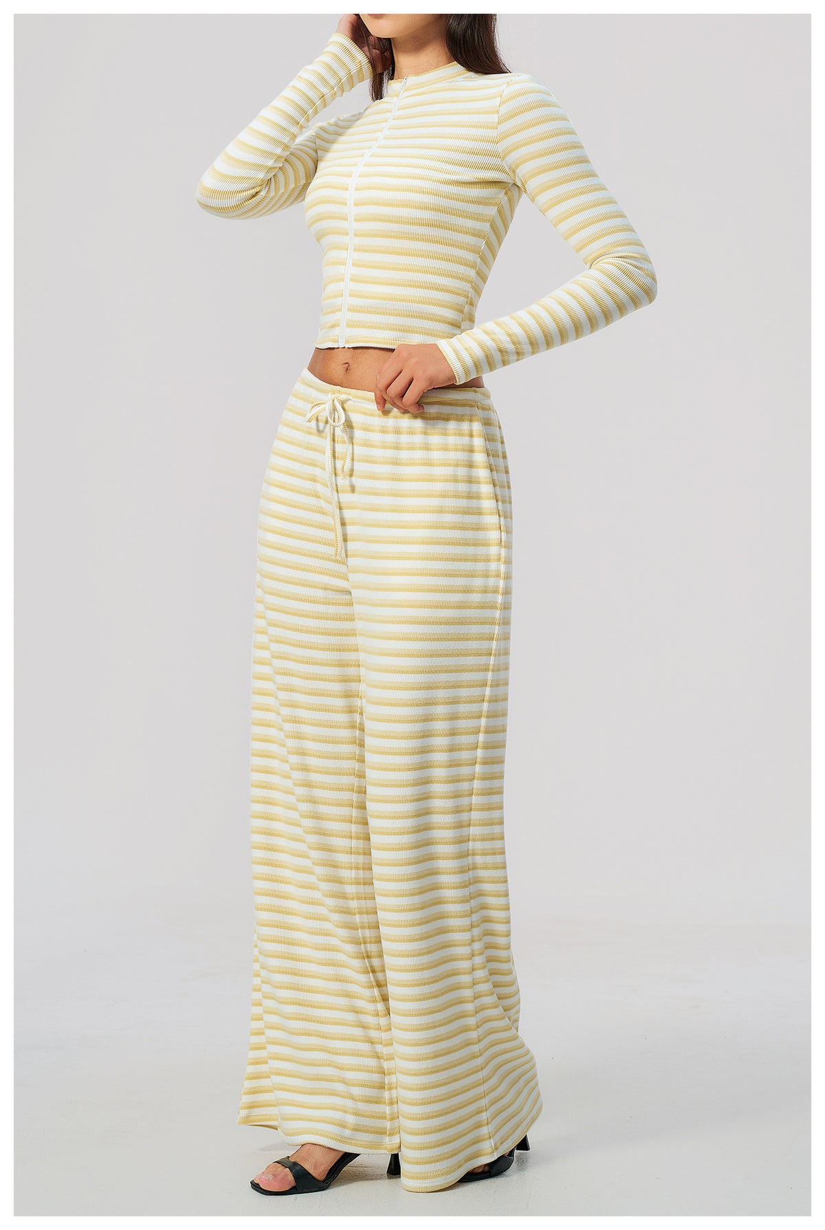 2 Piece Workout Loungewear Set Women Ribbed Striped Stand Collar Long Sleeve Cropped Zip up Jacket and Elastic Drawstring Waist Wide Leg Pants with Pocket