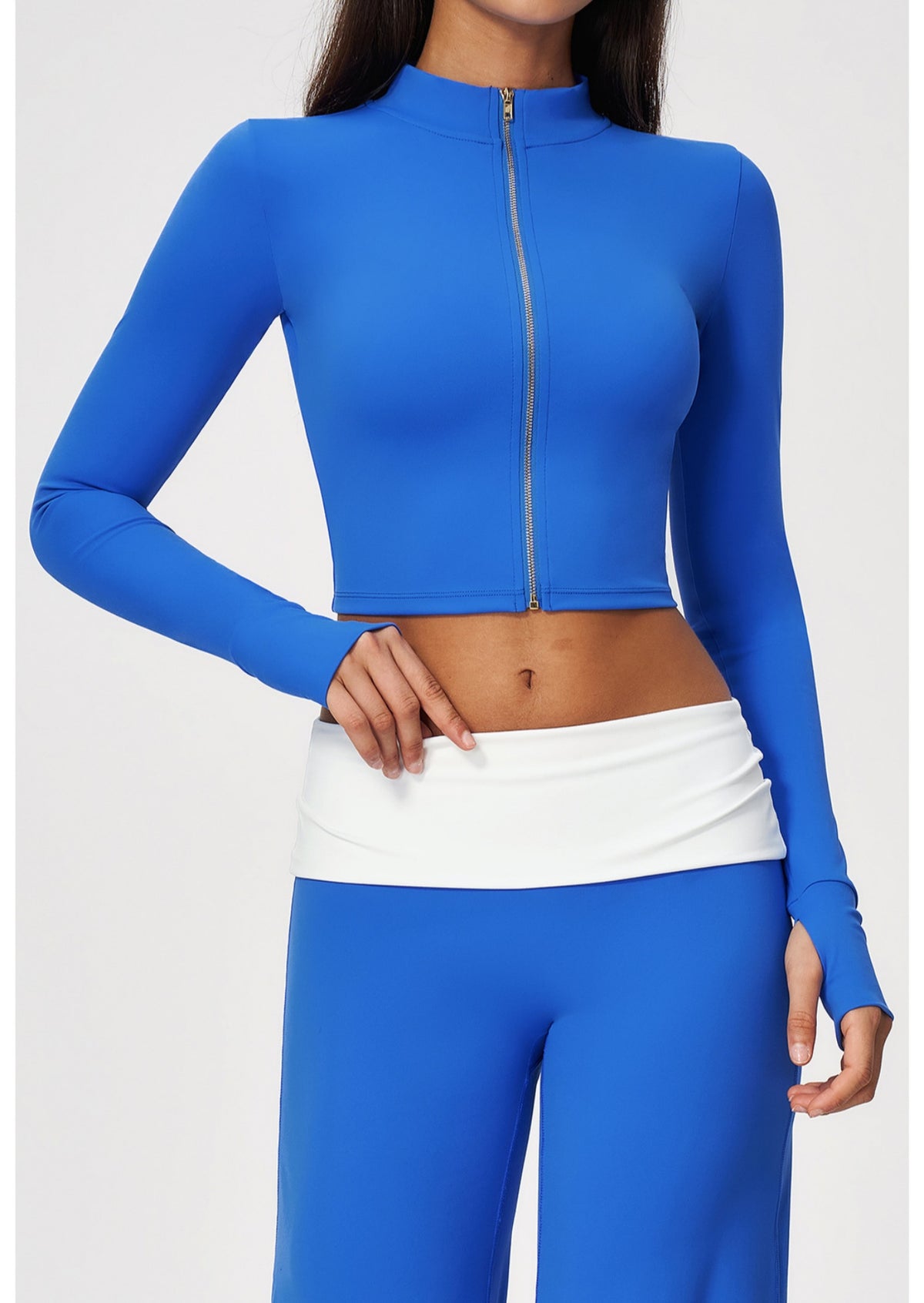 Women Stand Collar Full Zip Cropped Running Yoga Workout Jacket with Thumb Holes