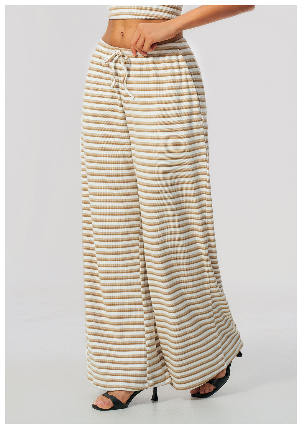 Women Ribbed Striped Wide Leg Pants Elastic Drawstring Waist Casual Loose Trousers With Pockets