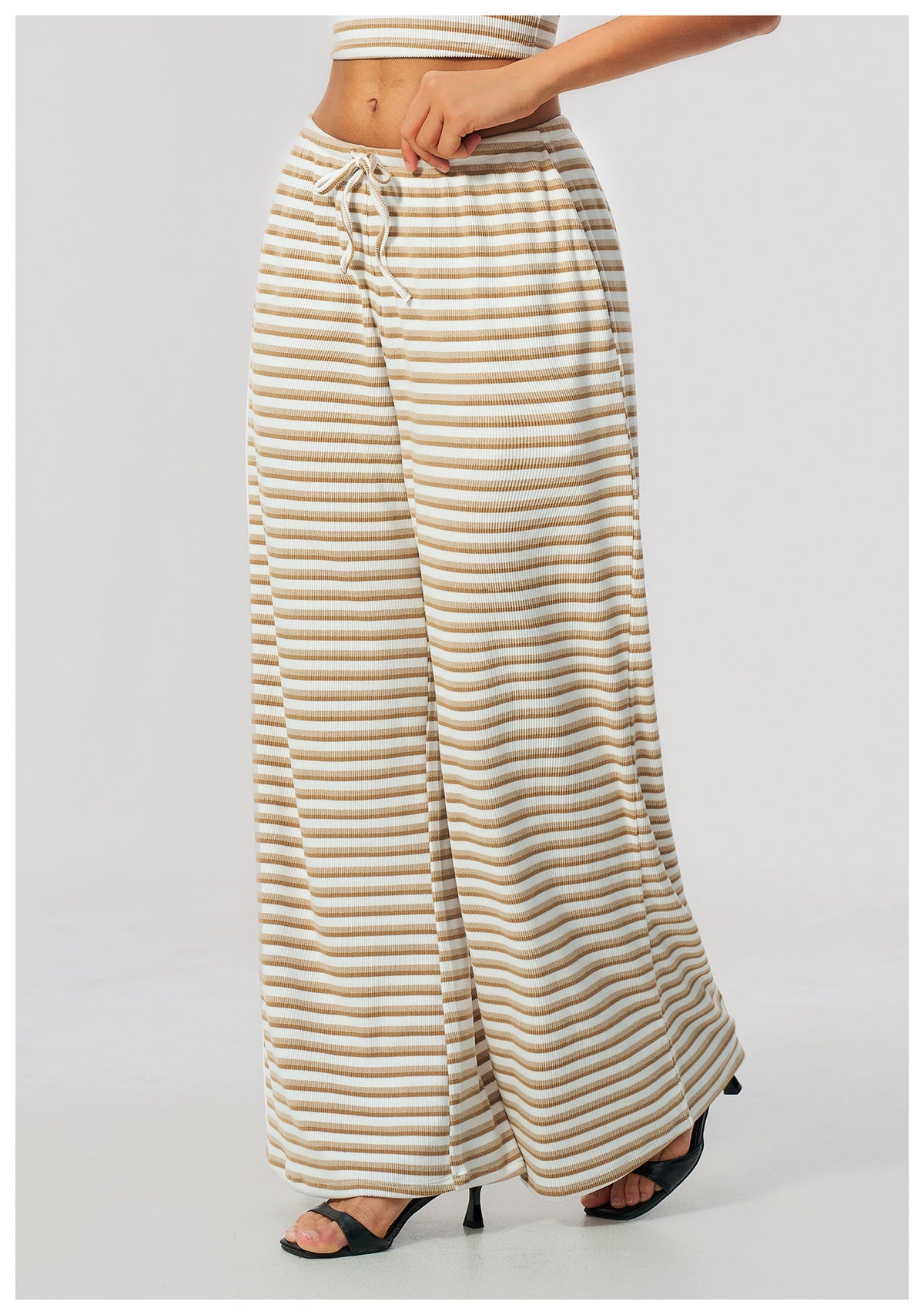 Women Ribbed Striped Wide Leg Pants Elastic Drawstring Waist Casual Loose Trousers With Pockets