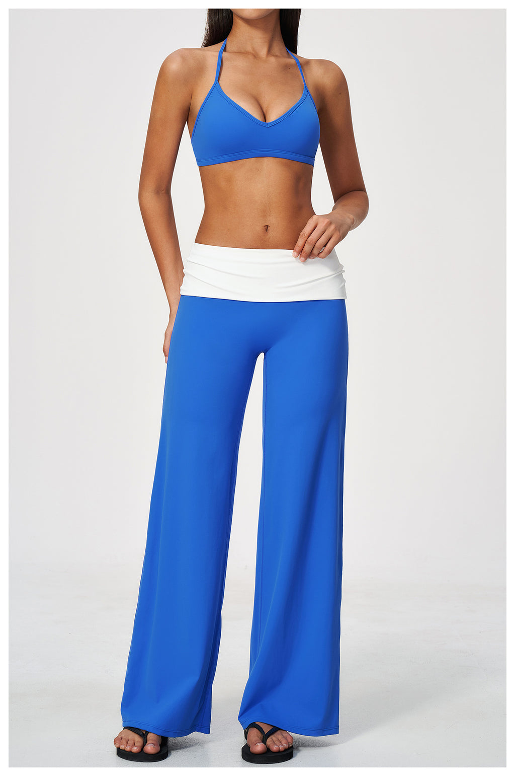 2 Piece Set Deep V-Neck Halter Thin Strap Backless Sports Bra and ColorBlock High Waisted Wide Leg Yoga Athletic Pants