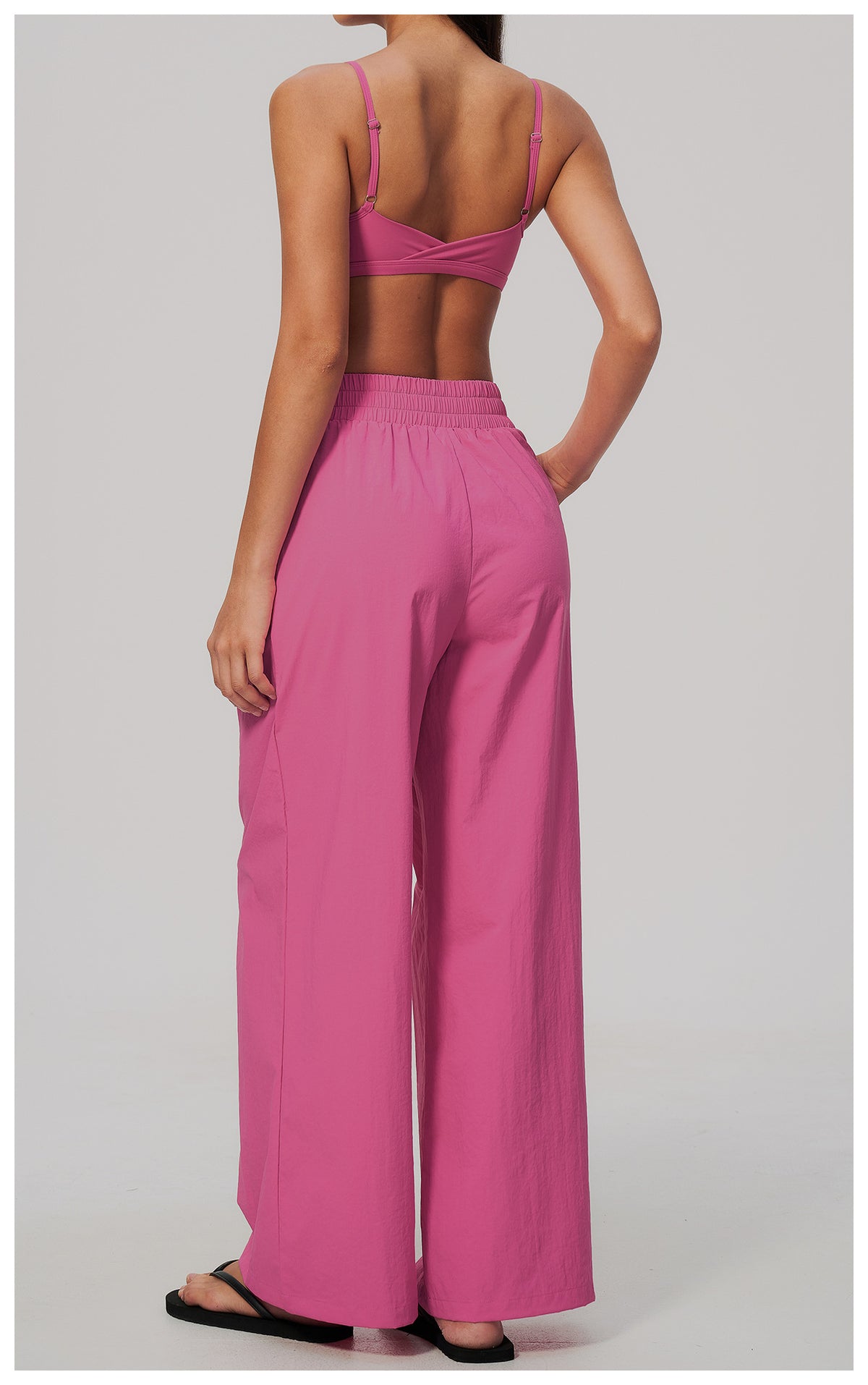 2 Piece Set Women V Neck Twist Back Adjustable Spaghetti Straps Sports Bra and High Waist Loose Casual Sports Wide Leg Pants