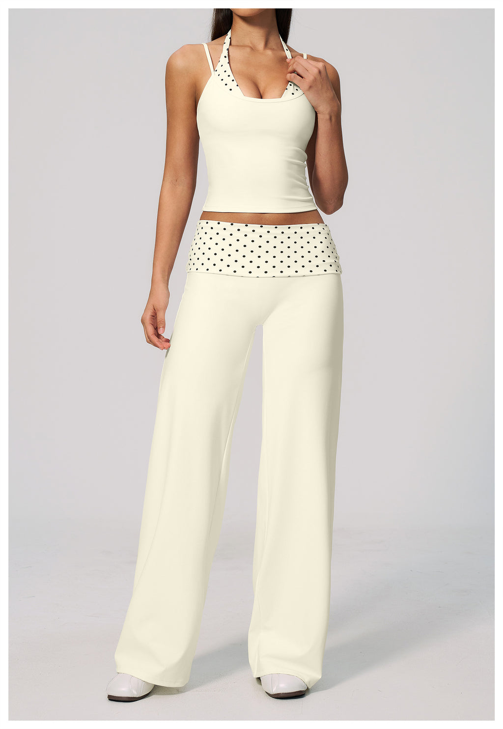 Women 2 Piece Yoga Set Halter Fake Two Piece Yoga Vest and Fold Over Striped Waist Wide Leg Workout Pants