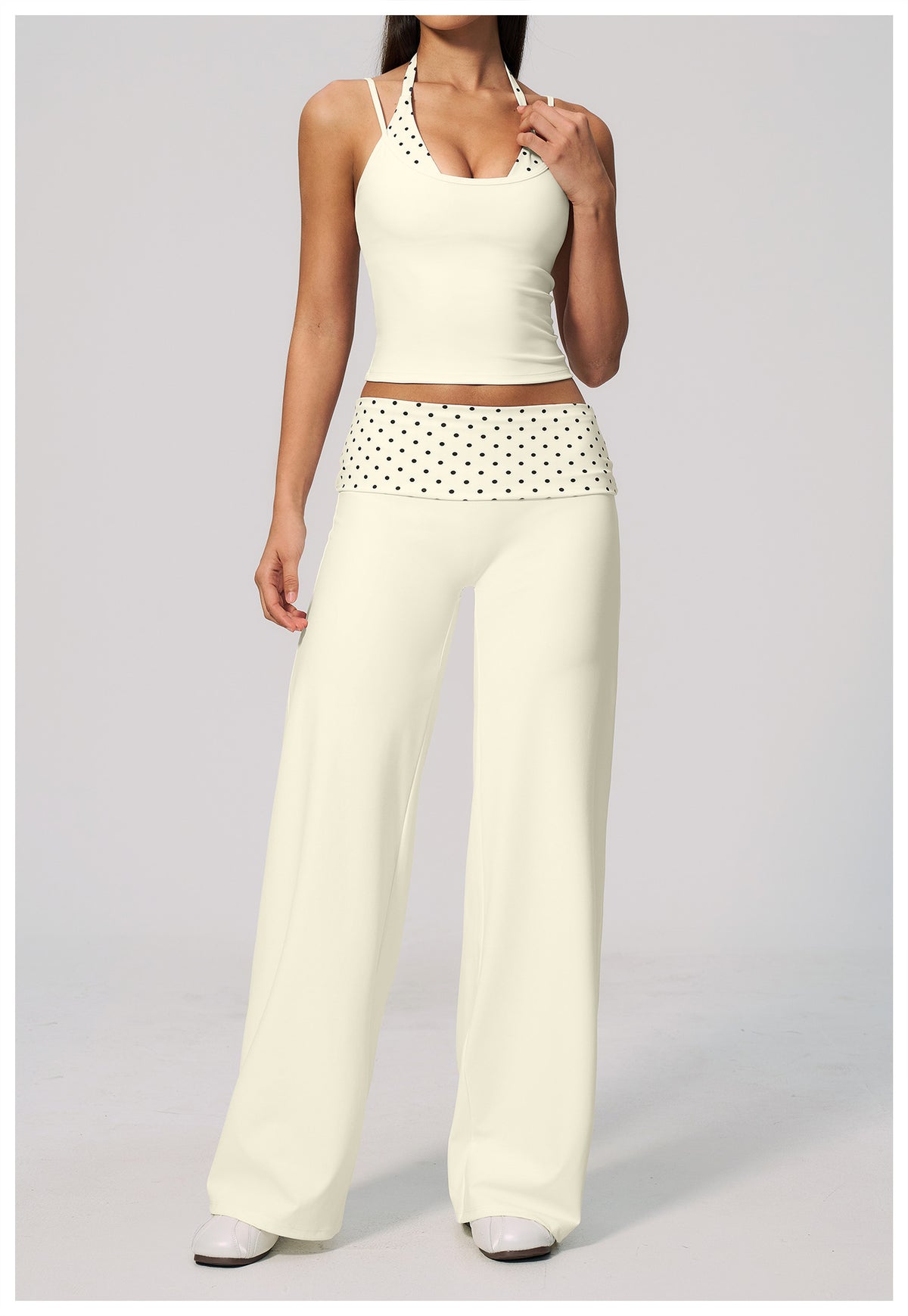 Women 2 Piece Yoga Set Halter Fake Two Piece Yoga Vest and Fold Over Striped Waist Wide Leg Workout Pants