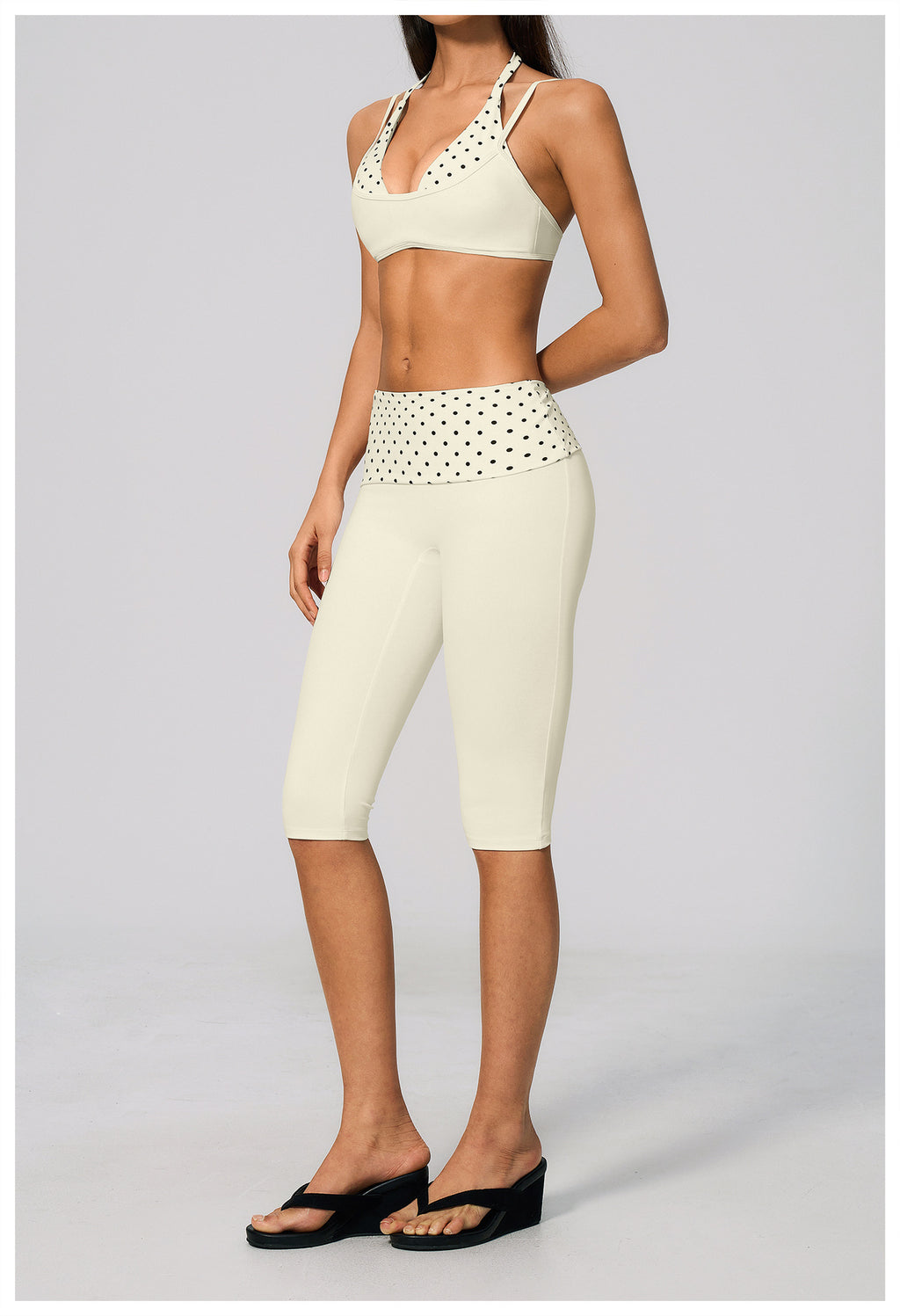 Women 2 Piece Yoga Set Halter Fake Two Piece Sports Bra and Fold Over Striped Waist Capri Yoga Leggings