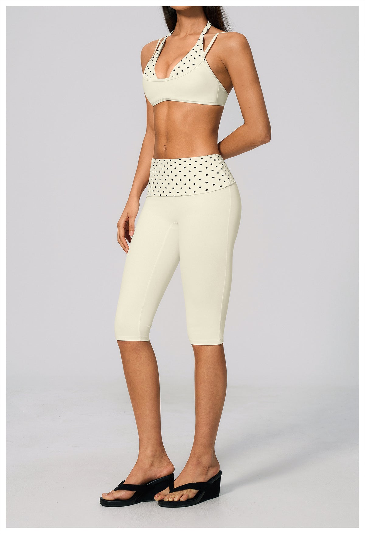Women 2 Piece Yoga Set Halter Fake Two Piece Sports Bra and Fold Over Striped Waist Capri Yoga Leggings